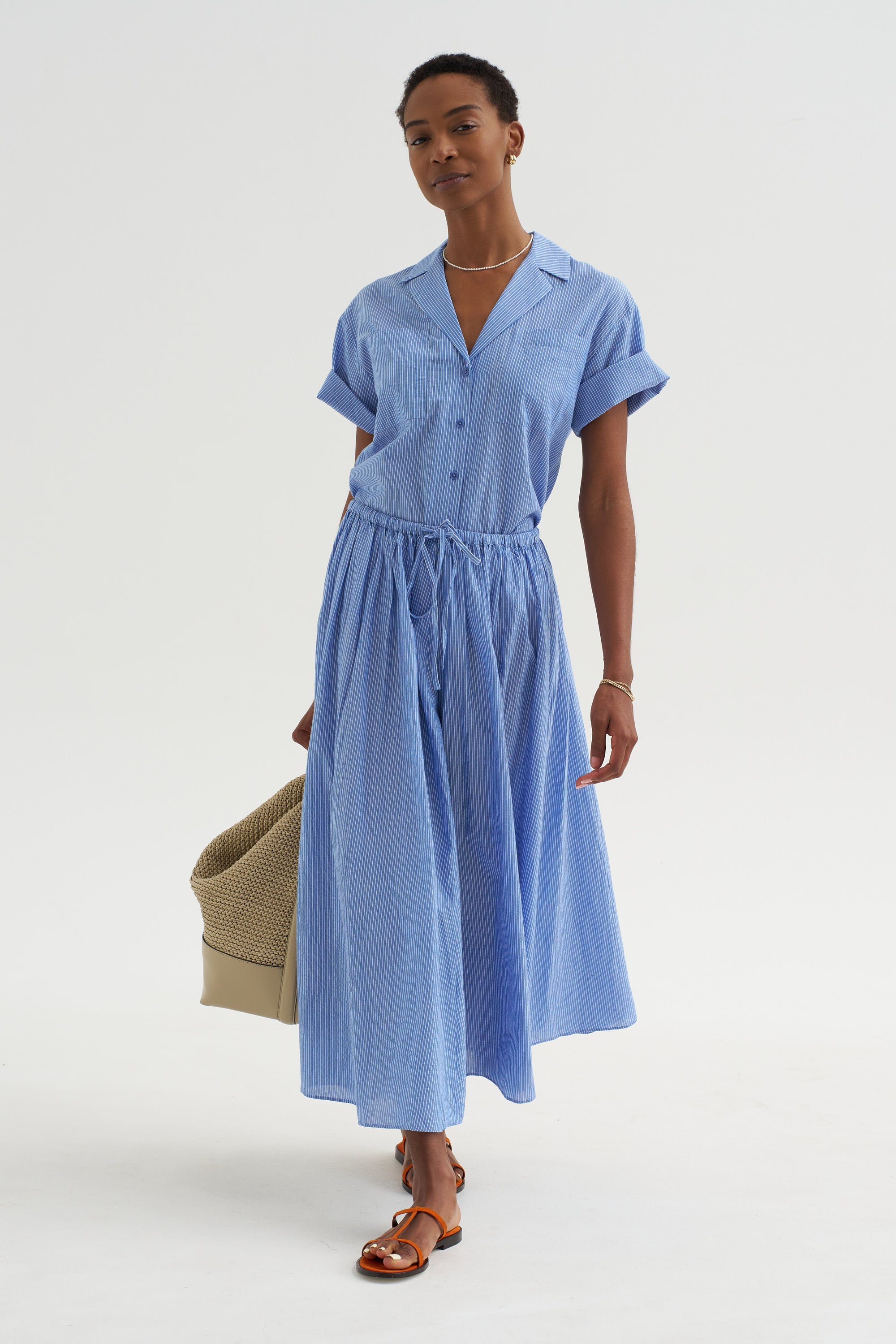 Hanne - Tie Maxi Skirt,  Microstripe Blue &amp; Cream