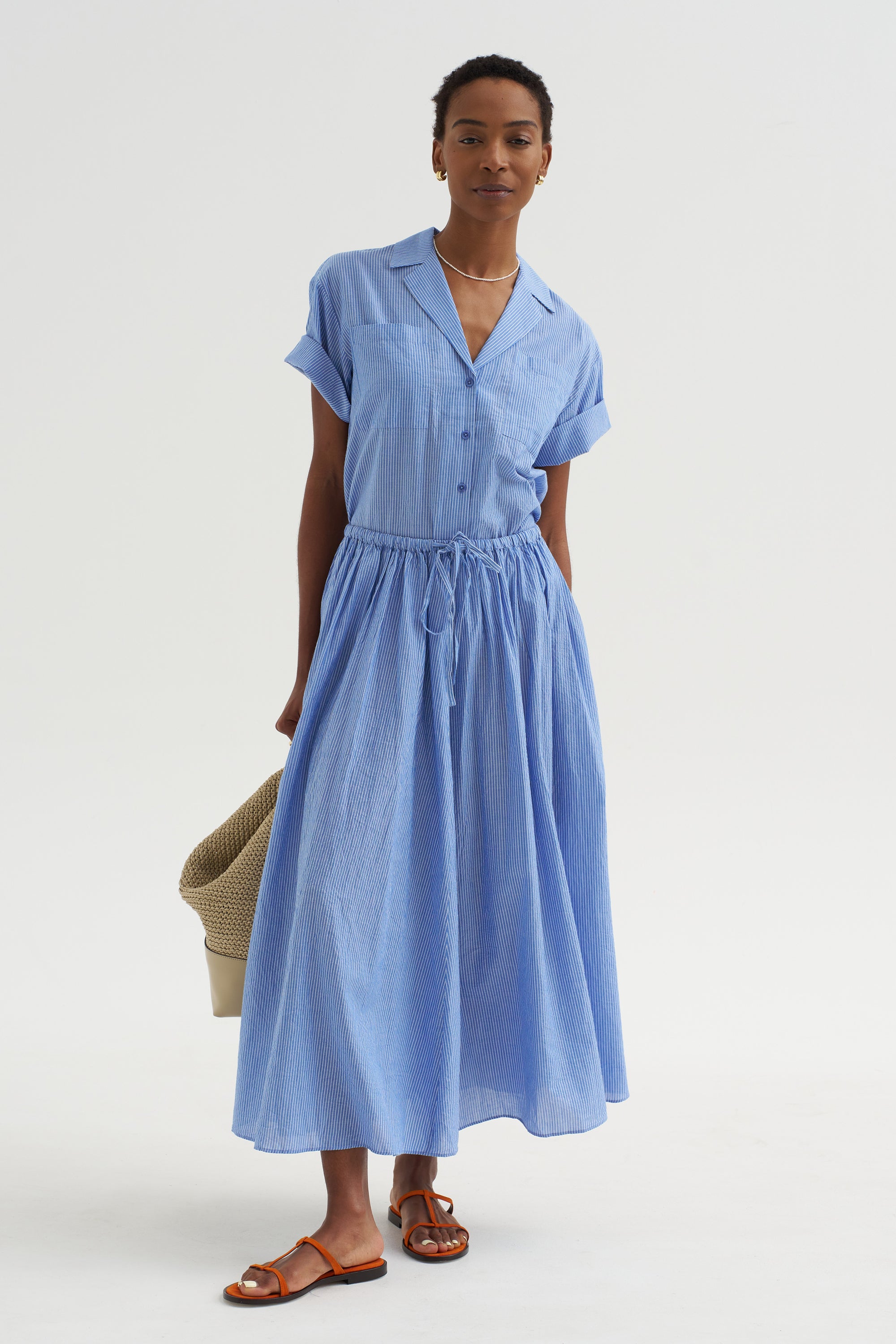 Hanne - Tie Maxi Skirt,  Microstripe Blue &amp; Cream