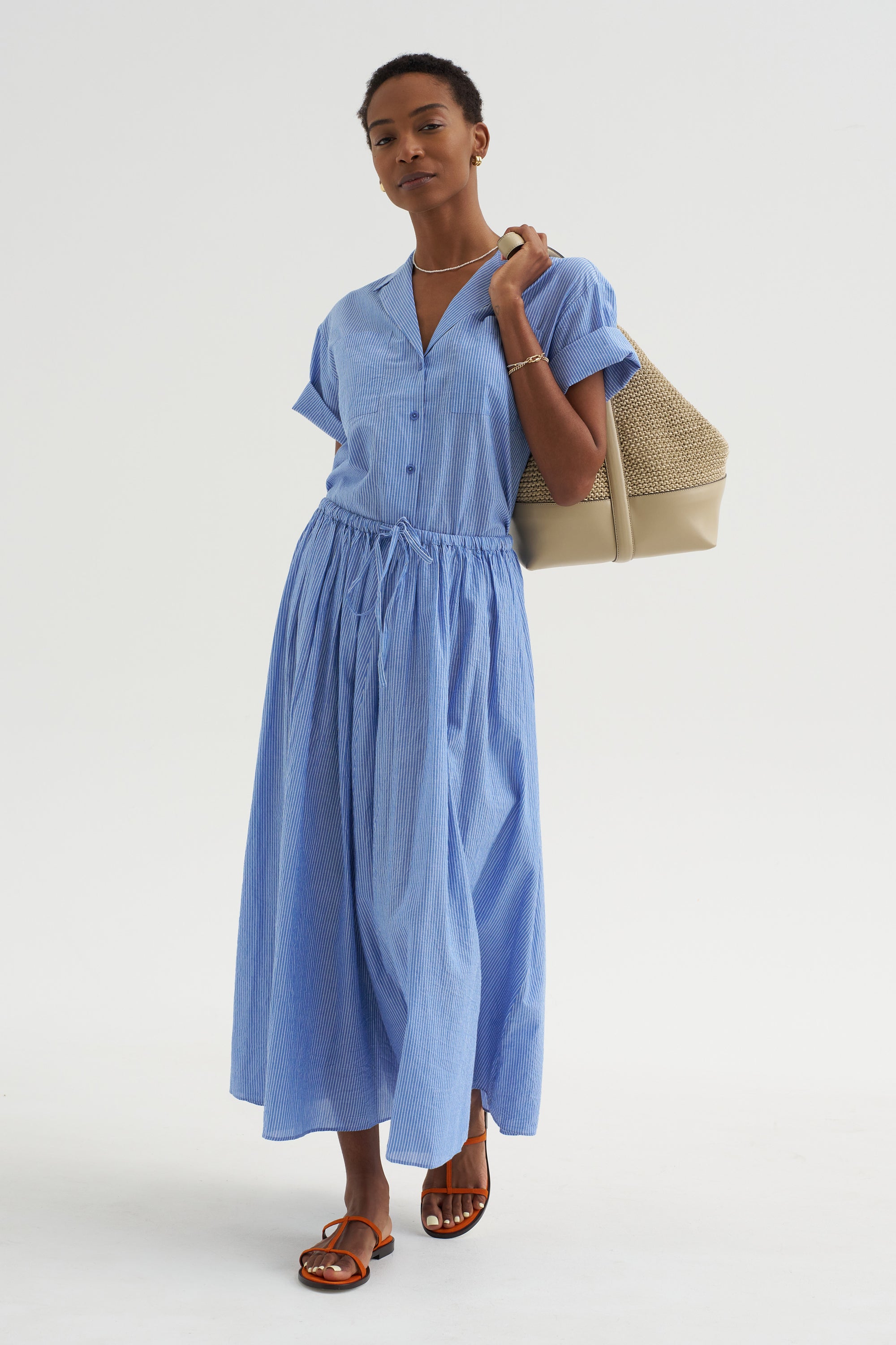 Hanne - Tie Maxi Skirt,  Microstripe Blue &amp; Cream