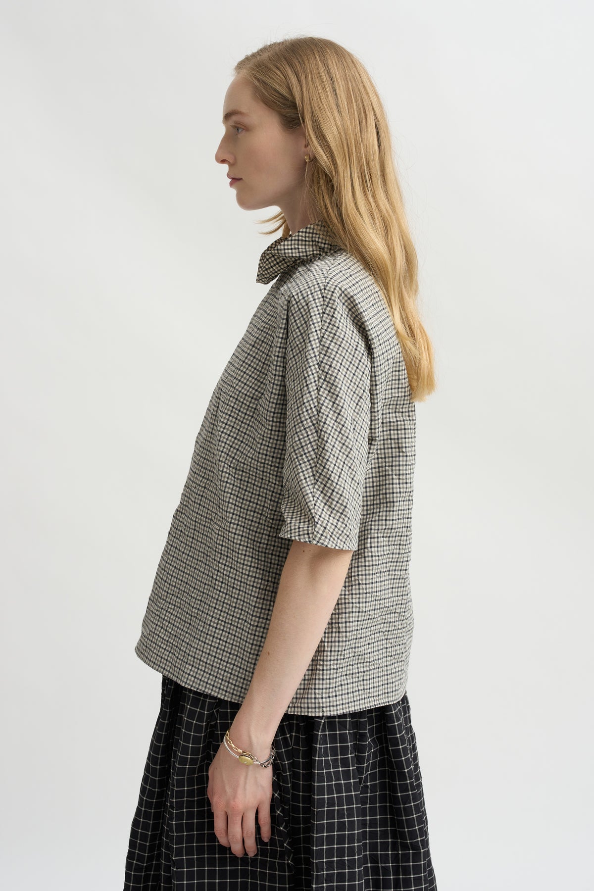 Short Sleeve Ruffle Shirt, Natural Cement
