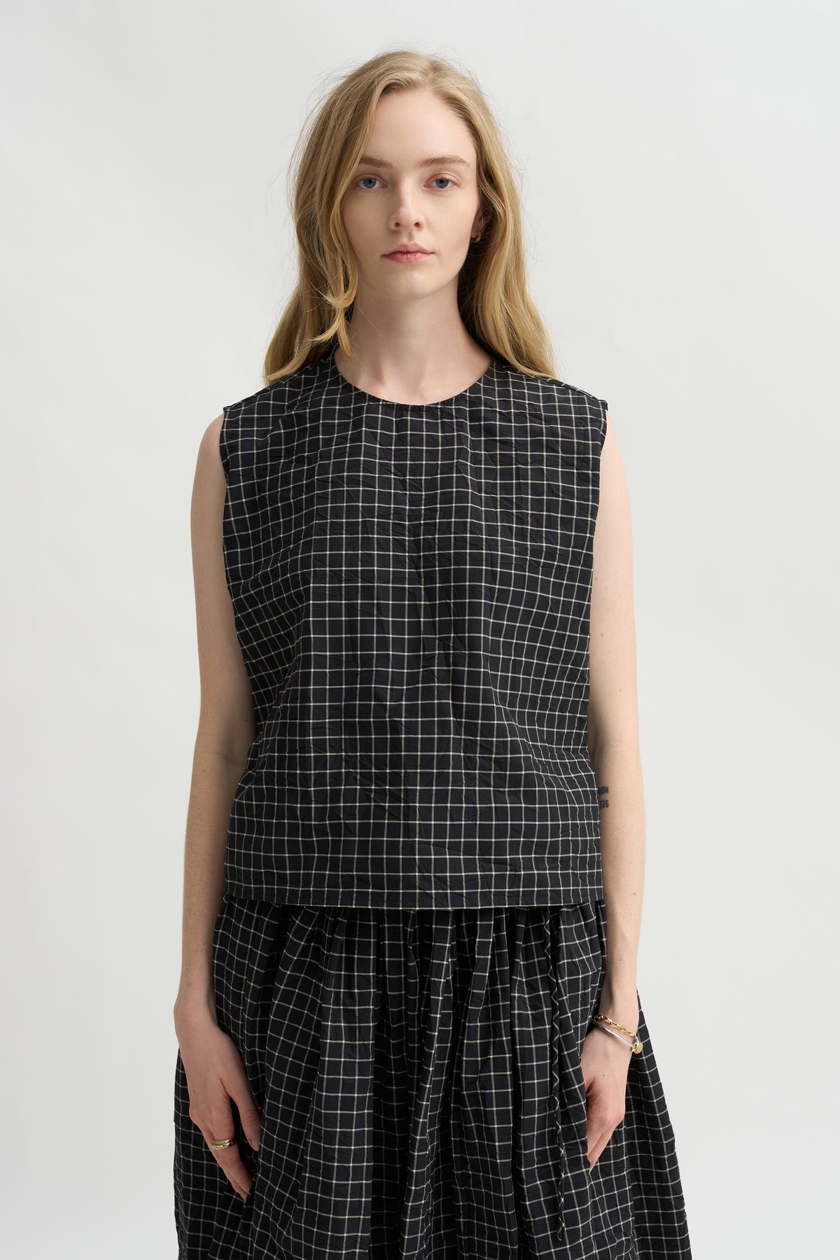Grid Check Sleeveless Top, Black