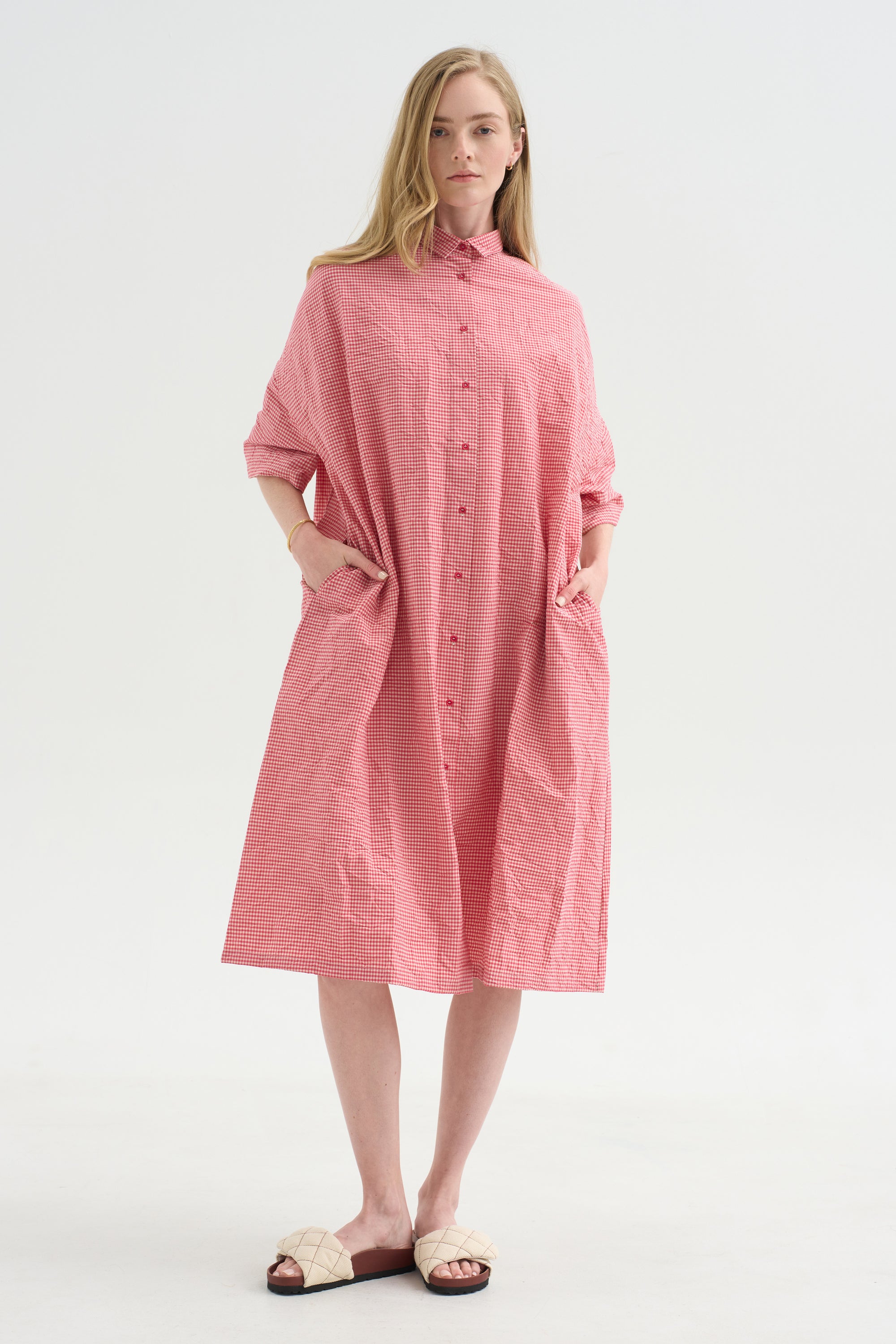Vichy Tech Cotton Dress, Raspberry