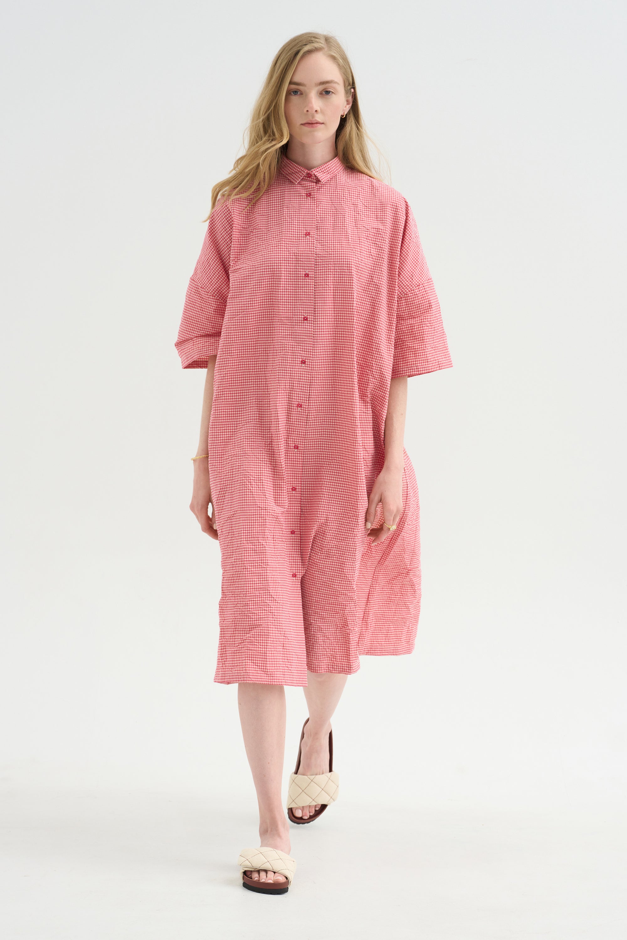 Vichy Tech Cotton Dress, Raspberry