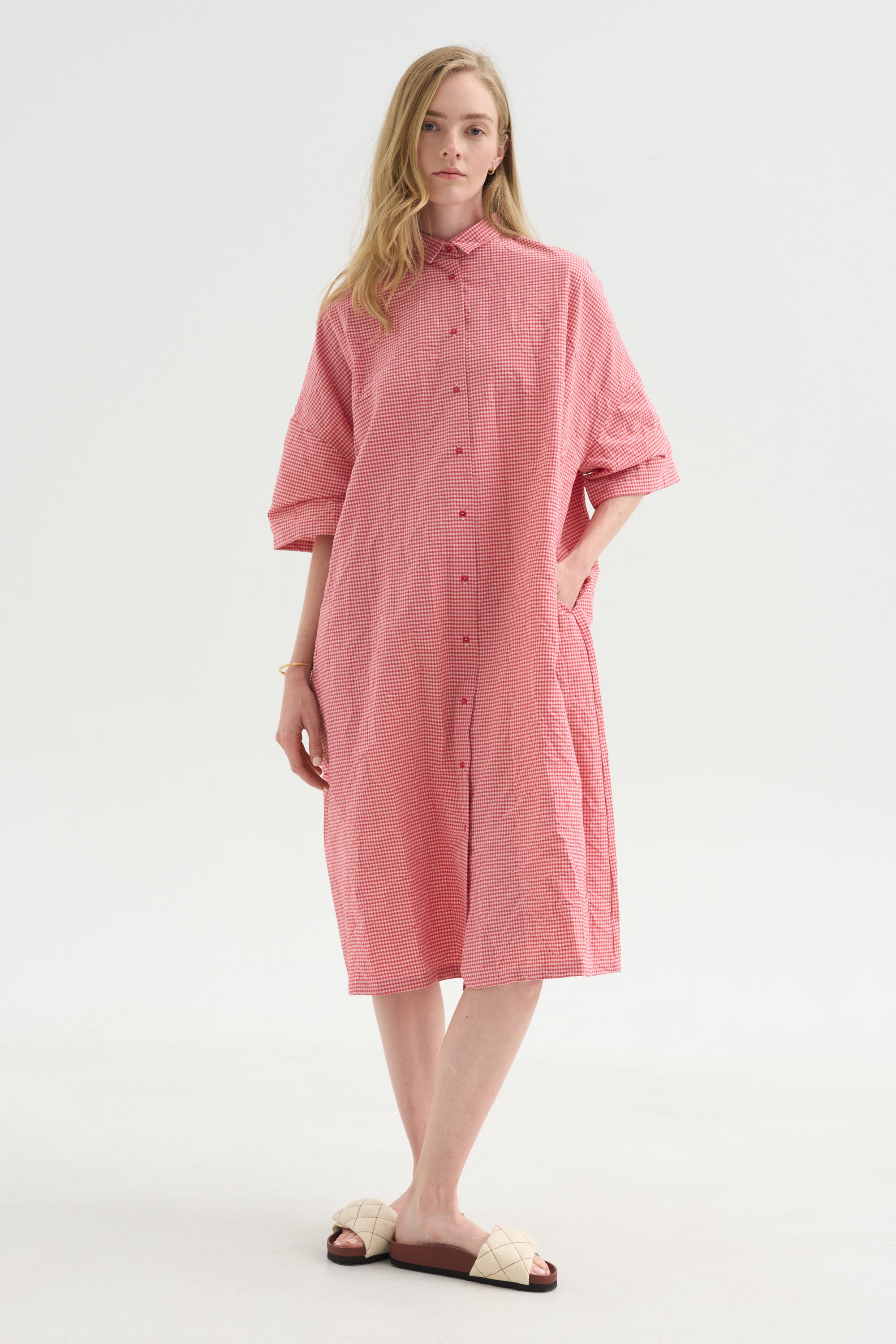 Vichy Tech Cotton Dress, Raspberry
