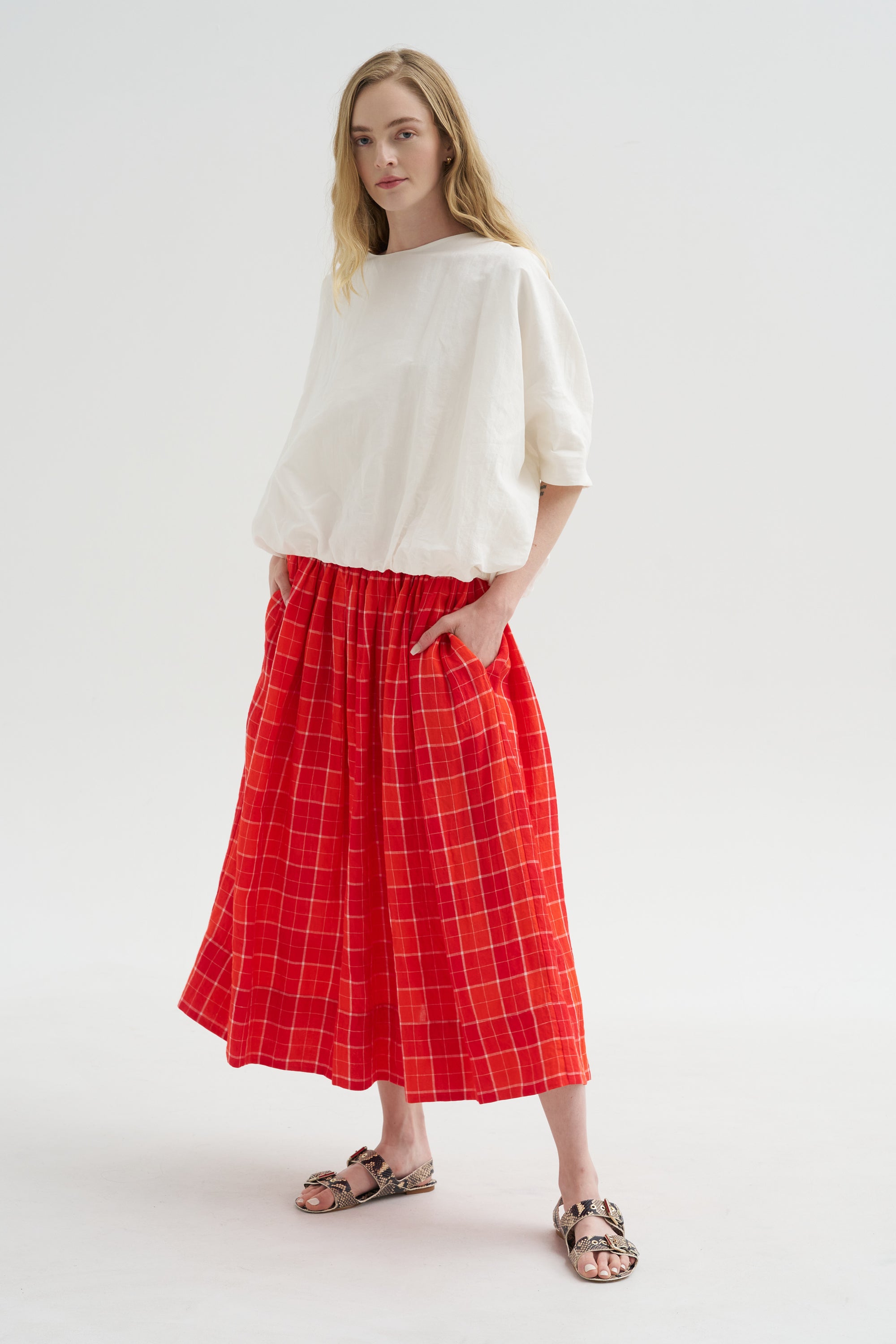Tartan Linen Skirt, Tomato
