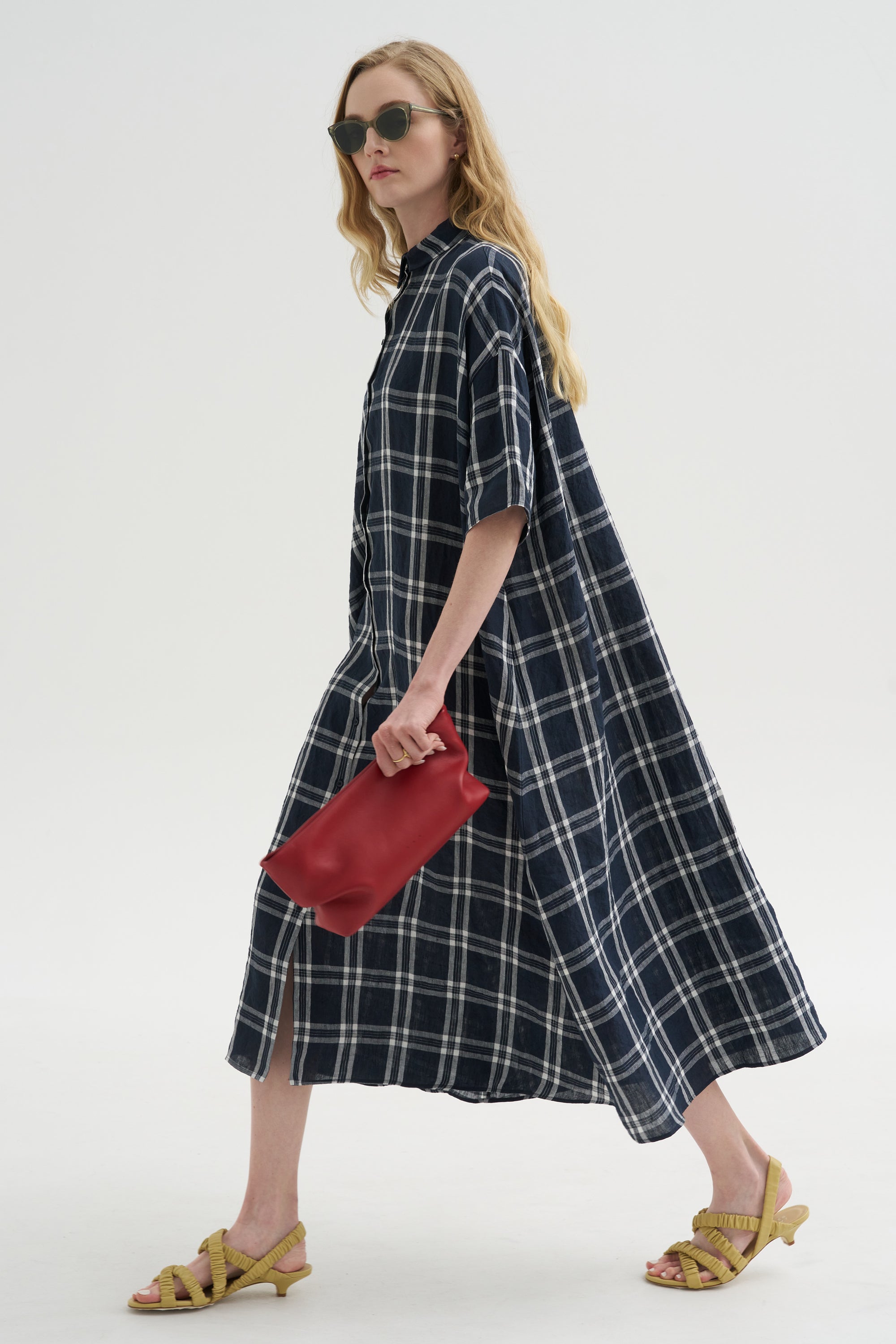 Tartan Linen Dress, Abyss – Kick Pleat