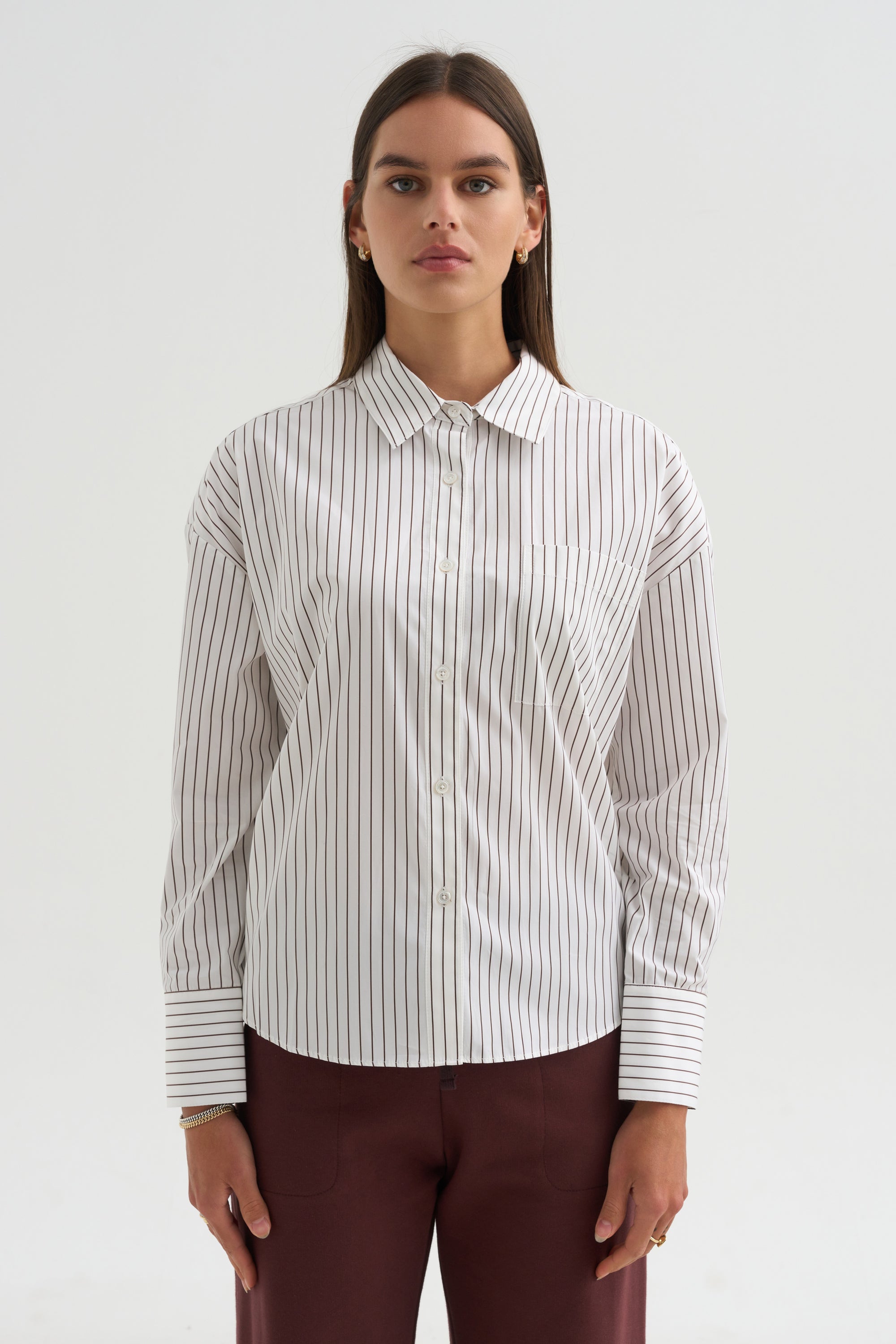 Watts - Striped Side Button Shirt, Chocolate Stripe