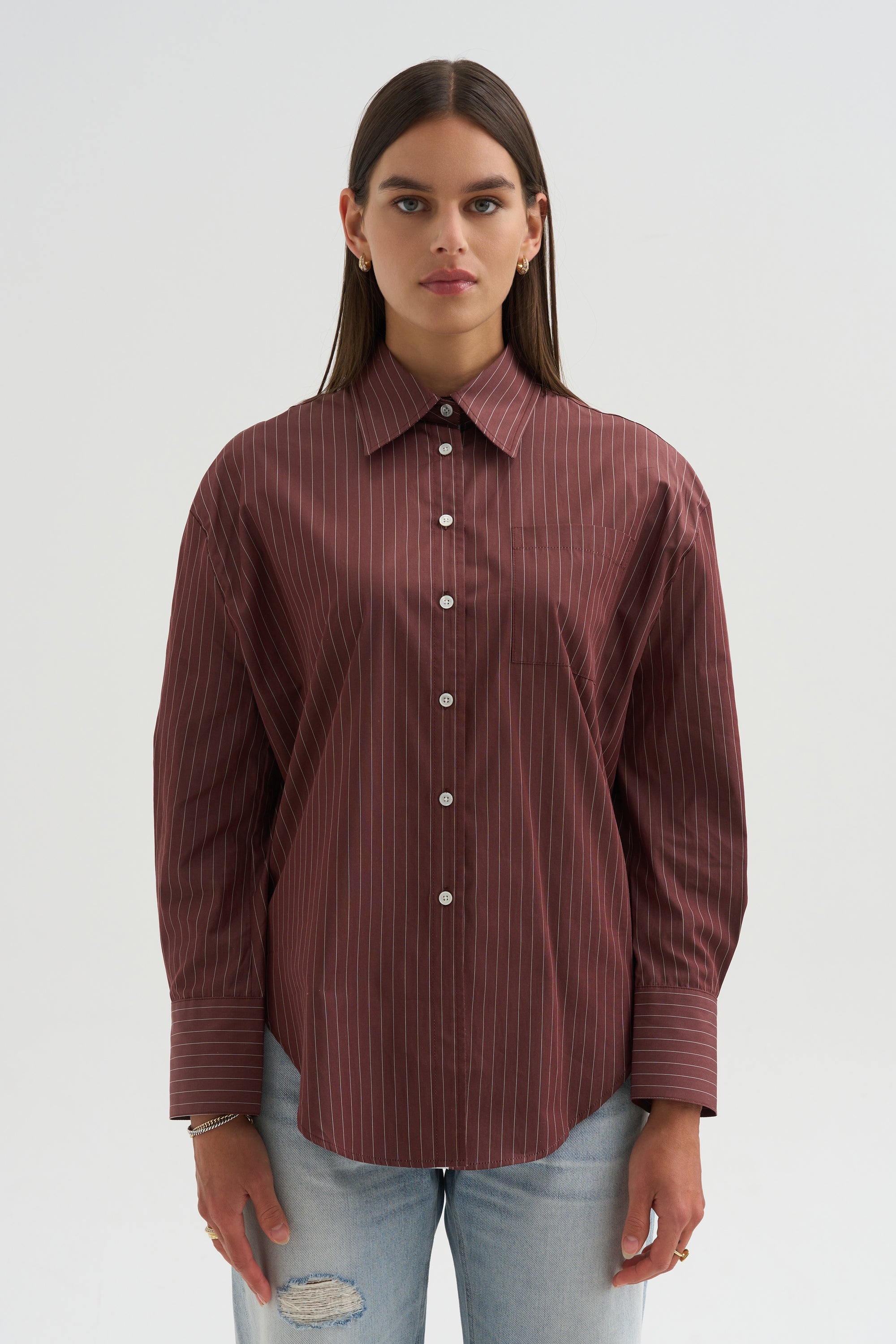 Webster Striped Boyfriend Shirt, Oxblood
