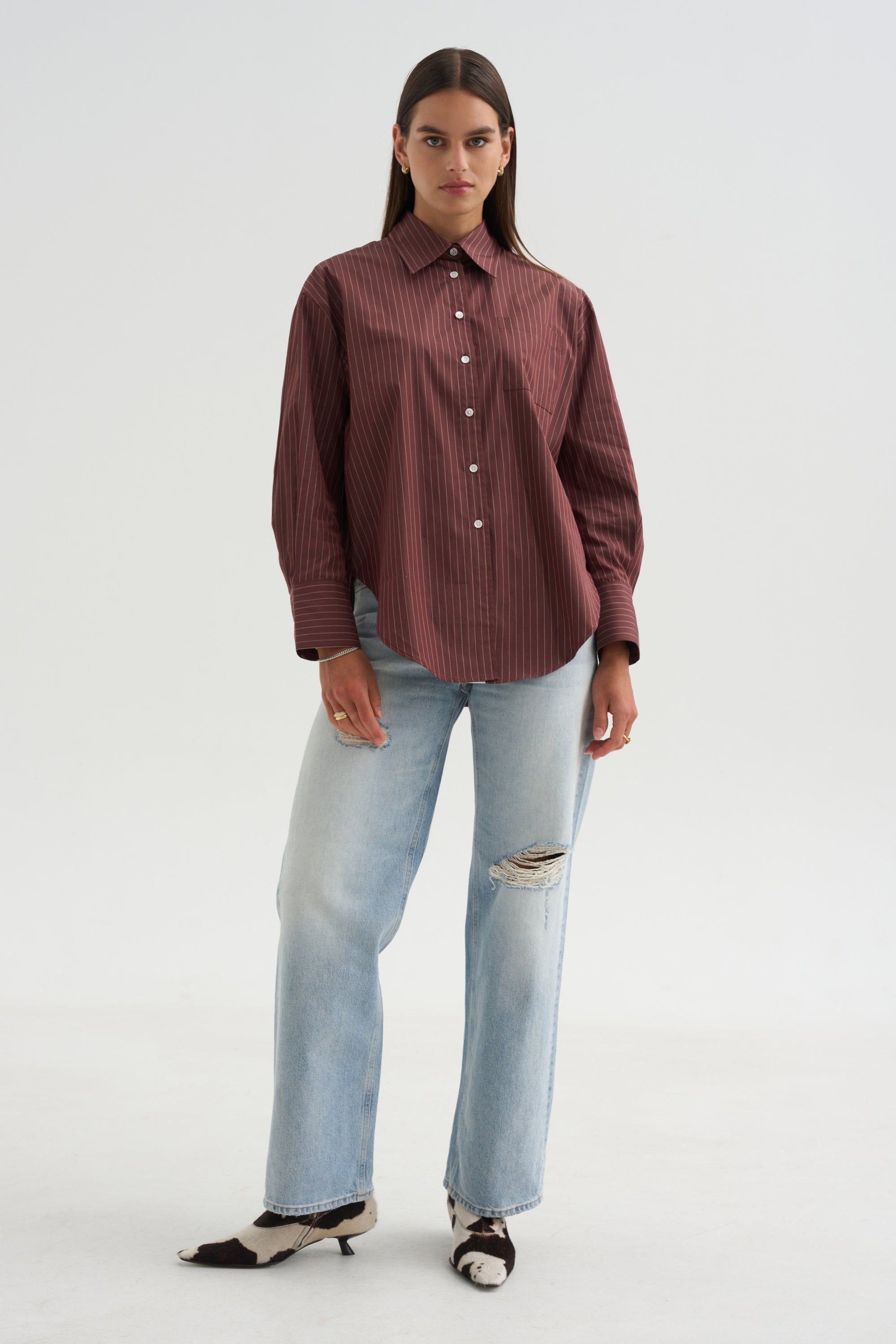 Webster Striped Boyfriend Shirt, Oxblood