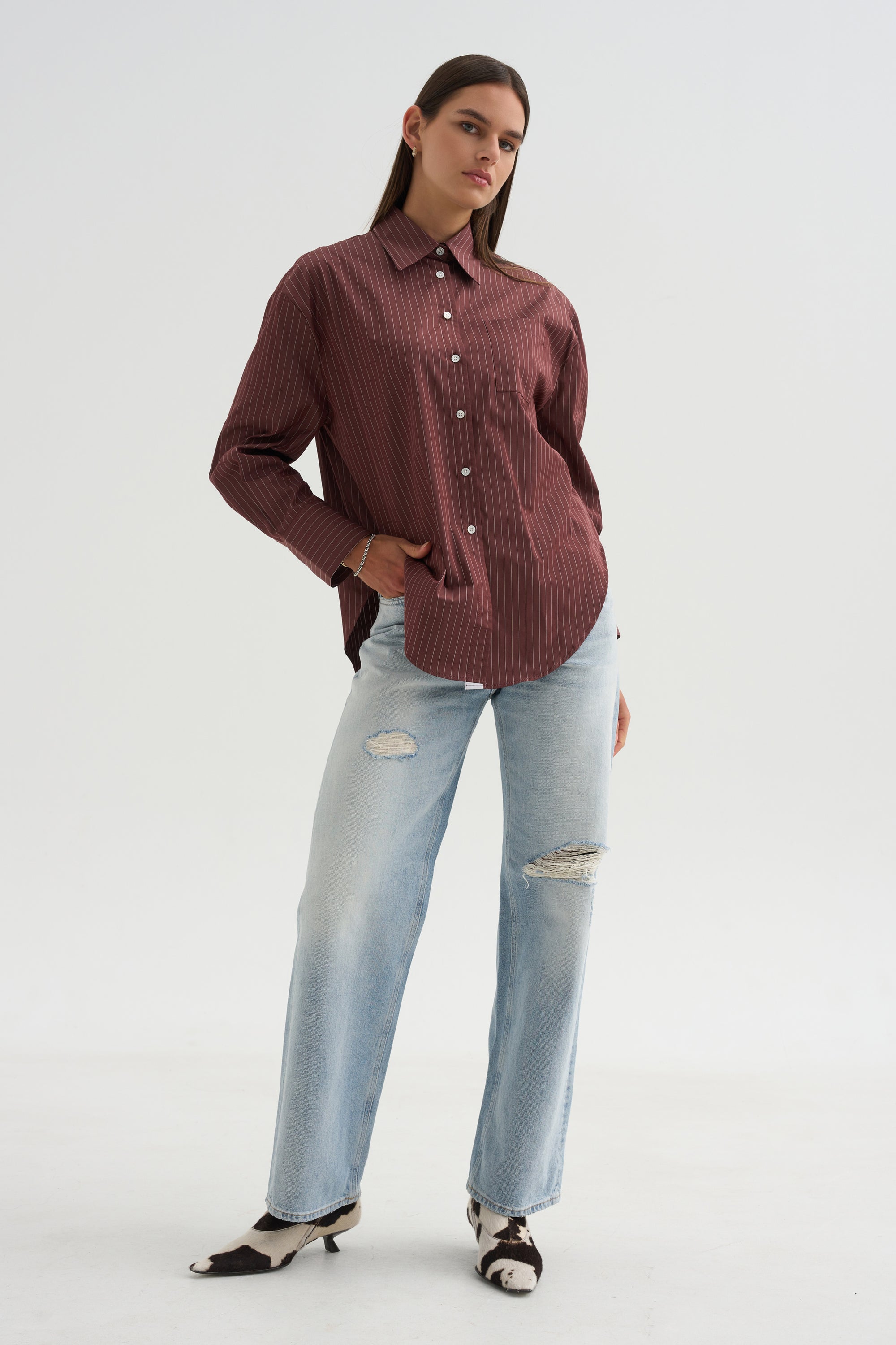 Webster Striped Boyfriend Shirt, Oxblood