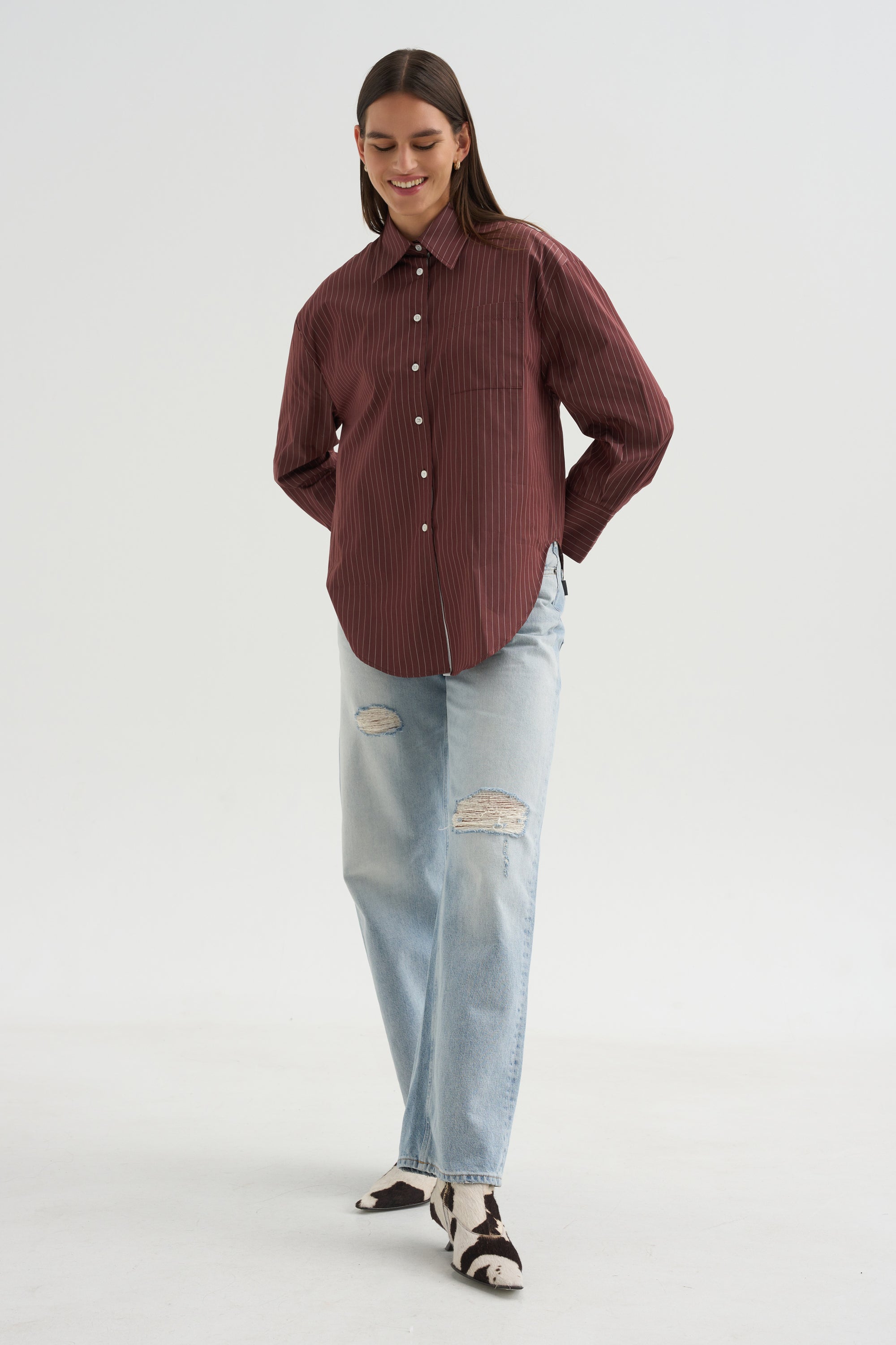 Webster Striped Boyfriend Shirt, Oxblood