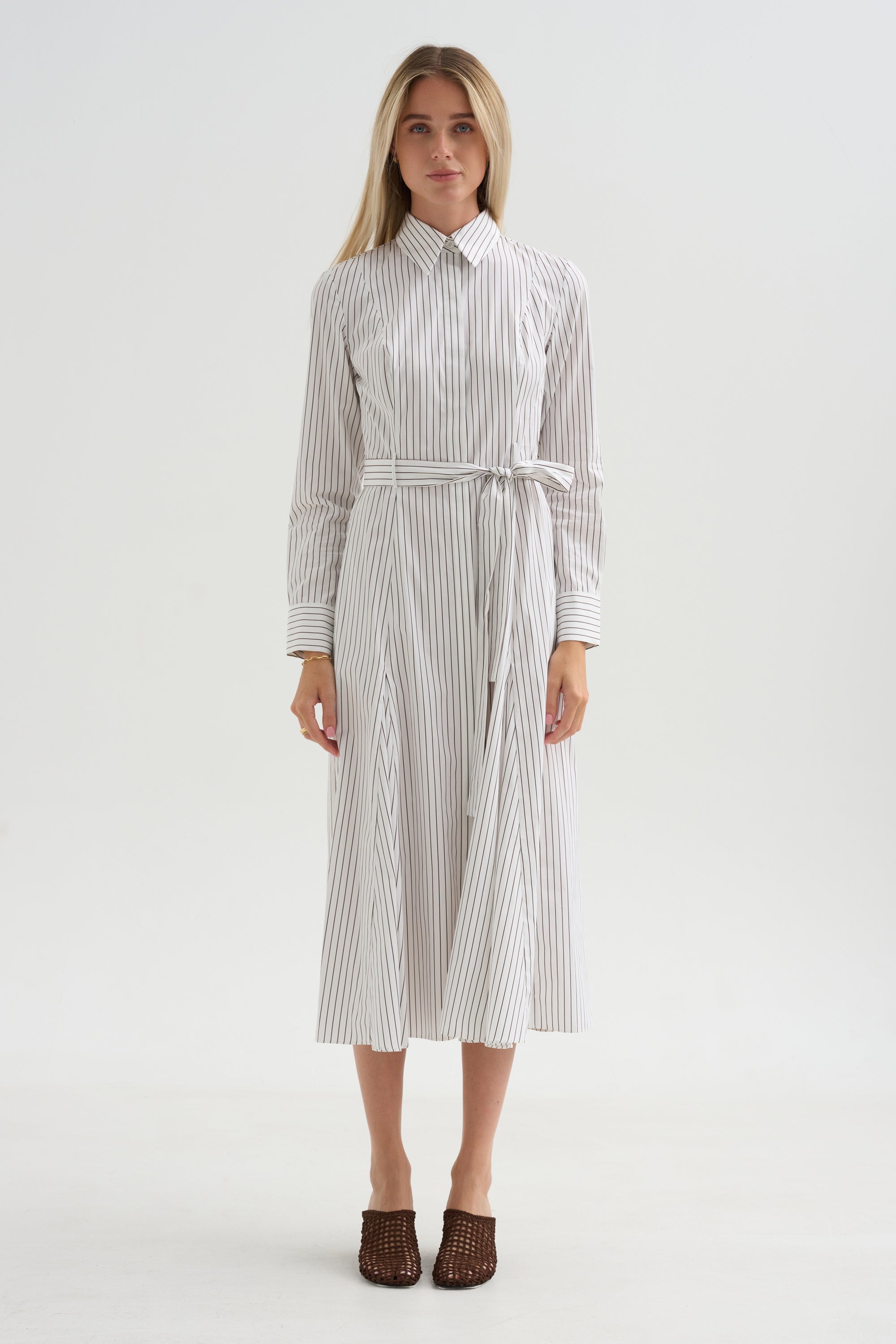 Bennet -Striped Midi Dress With Belt, Chocolate Stripe