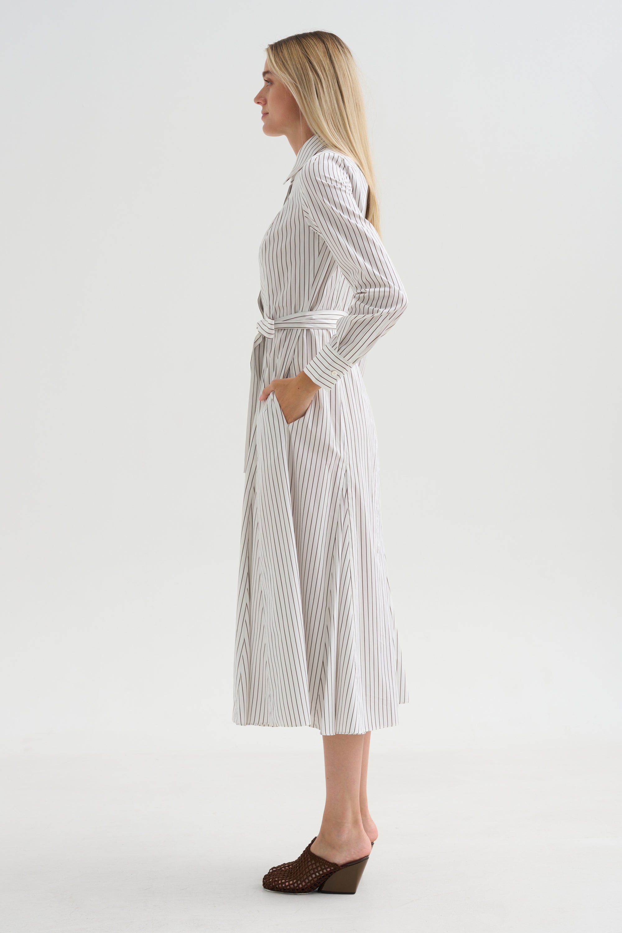 Bennet -Striped Midi Dress With Belt, Chocolate Stripe
