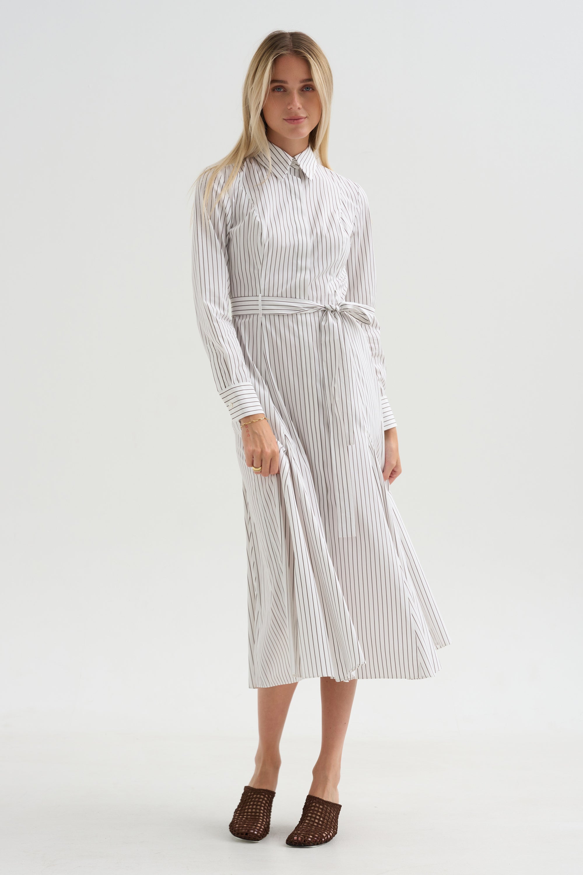 Bennet -Striped Midi Dress With Belt, Chocolate Stripe