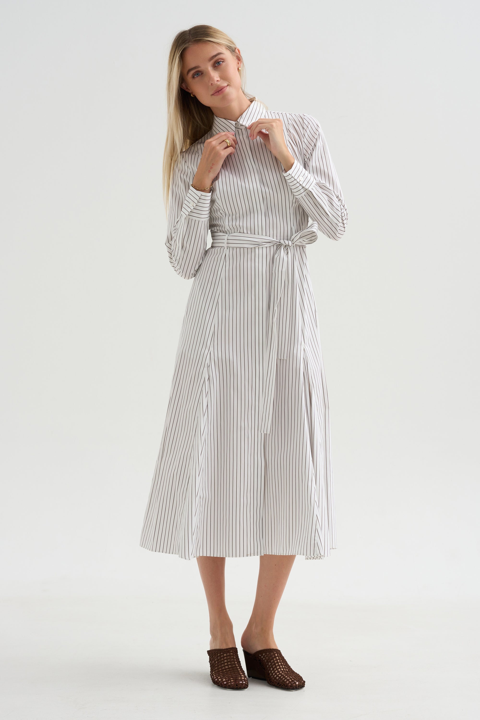 Bennet -Striped Midi Dress With Belt, Chocolate Stripe