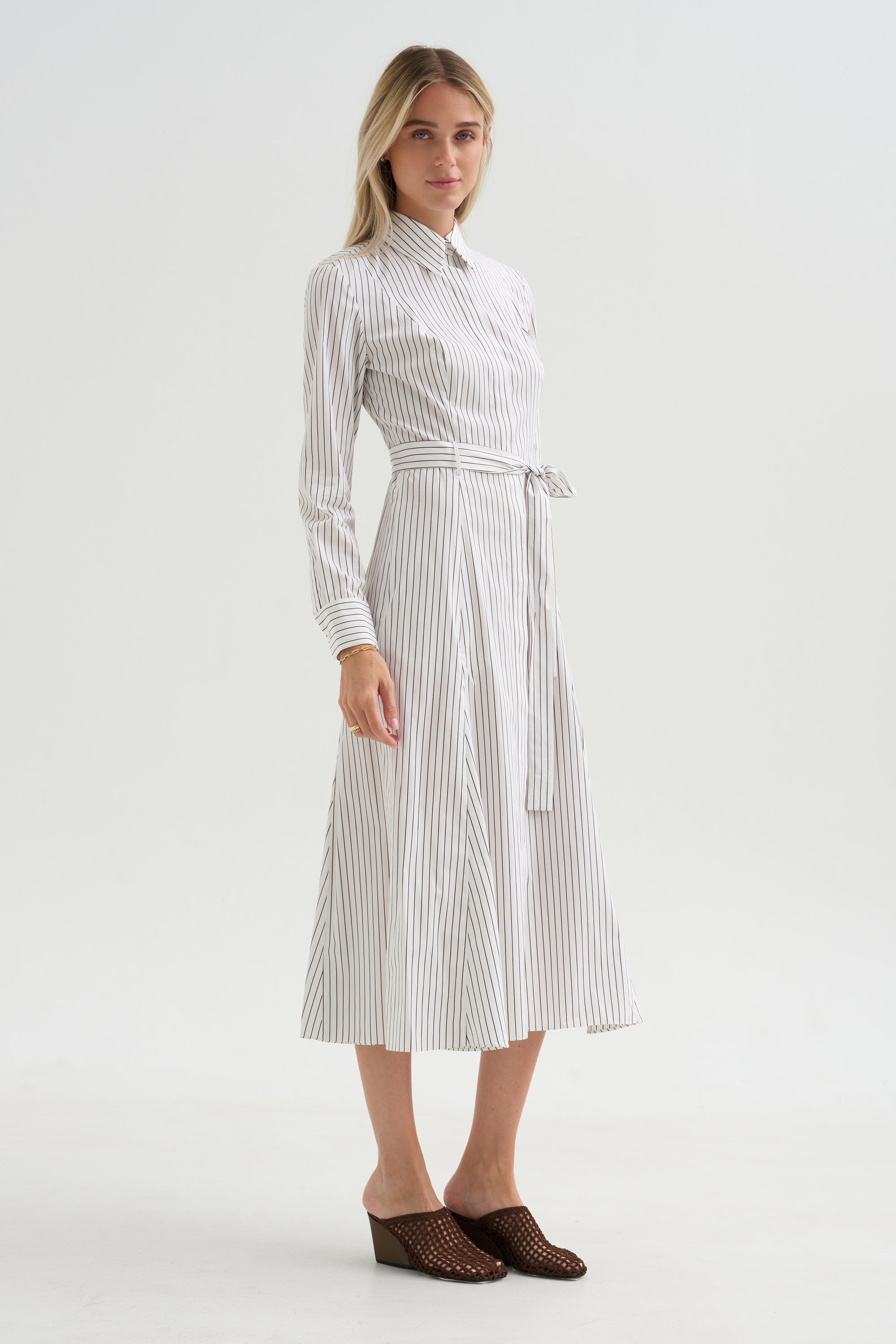 Bennet -Striped Midi Dress With Belt, Chocolate Stripe