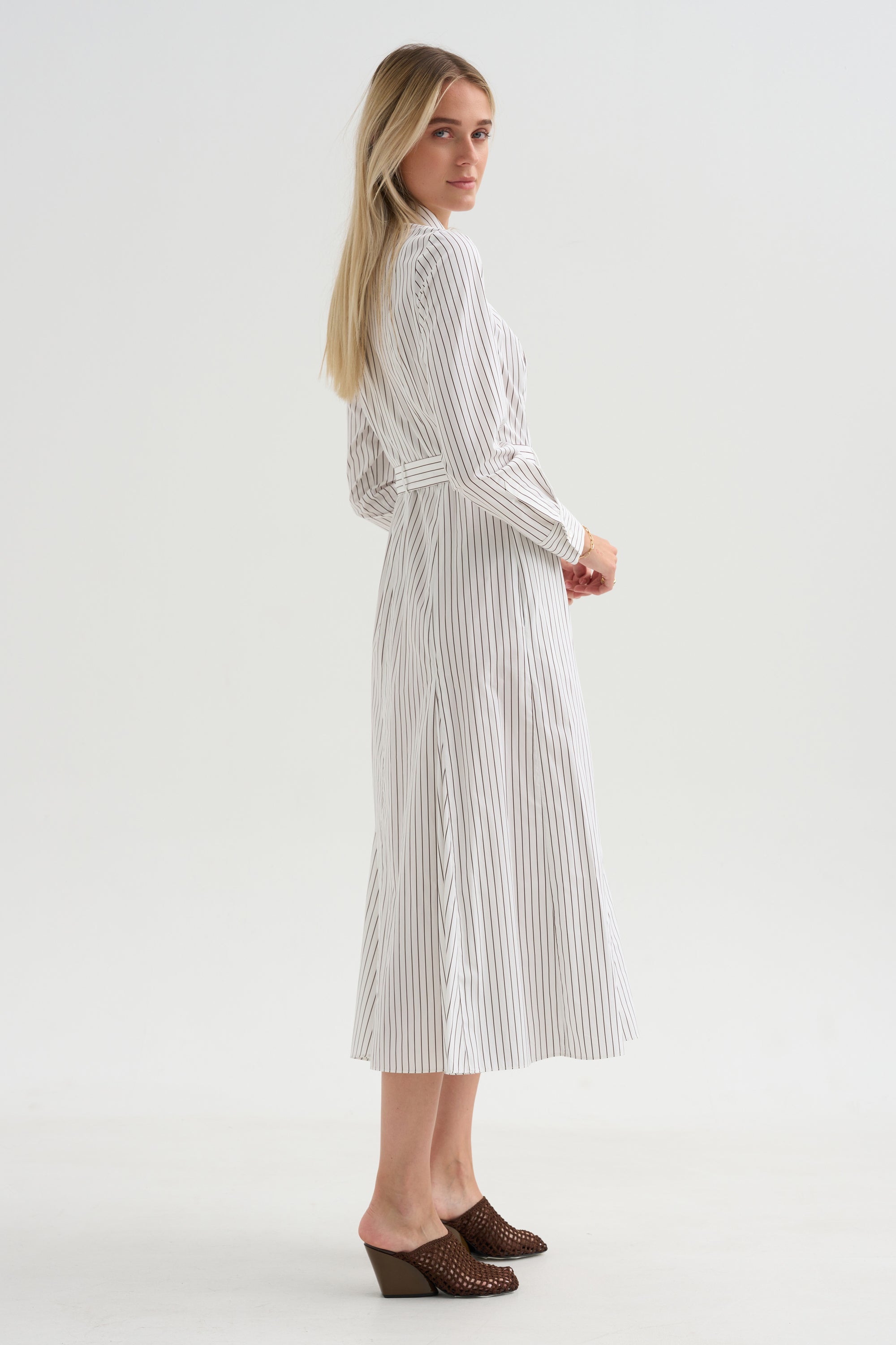 Bennet -Striped Midi Dress With Belt, Chocolate Stripe