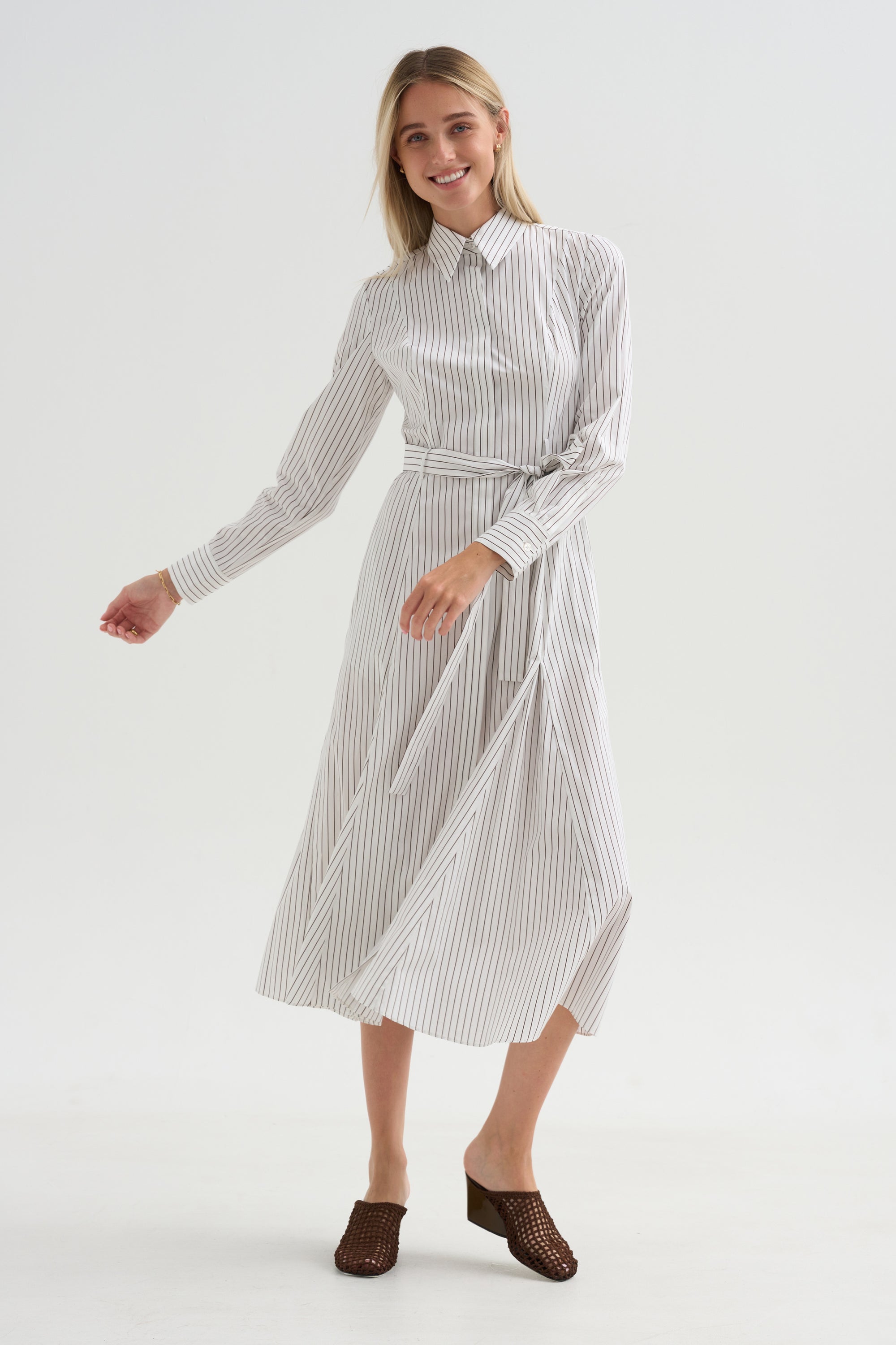 Bennet -Striped Midi Dress With Belt, Chocolate Stripe