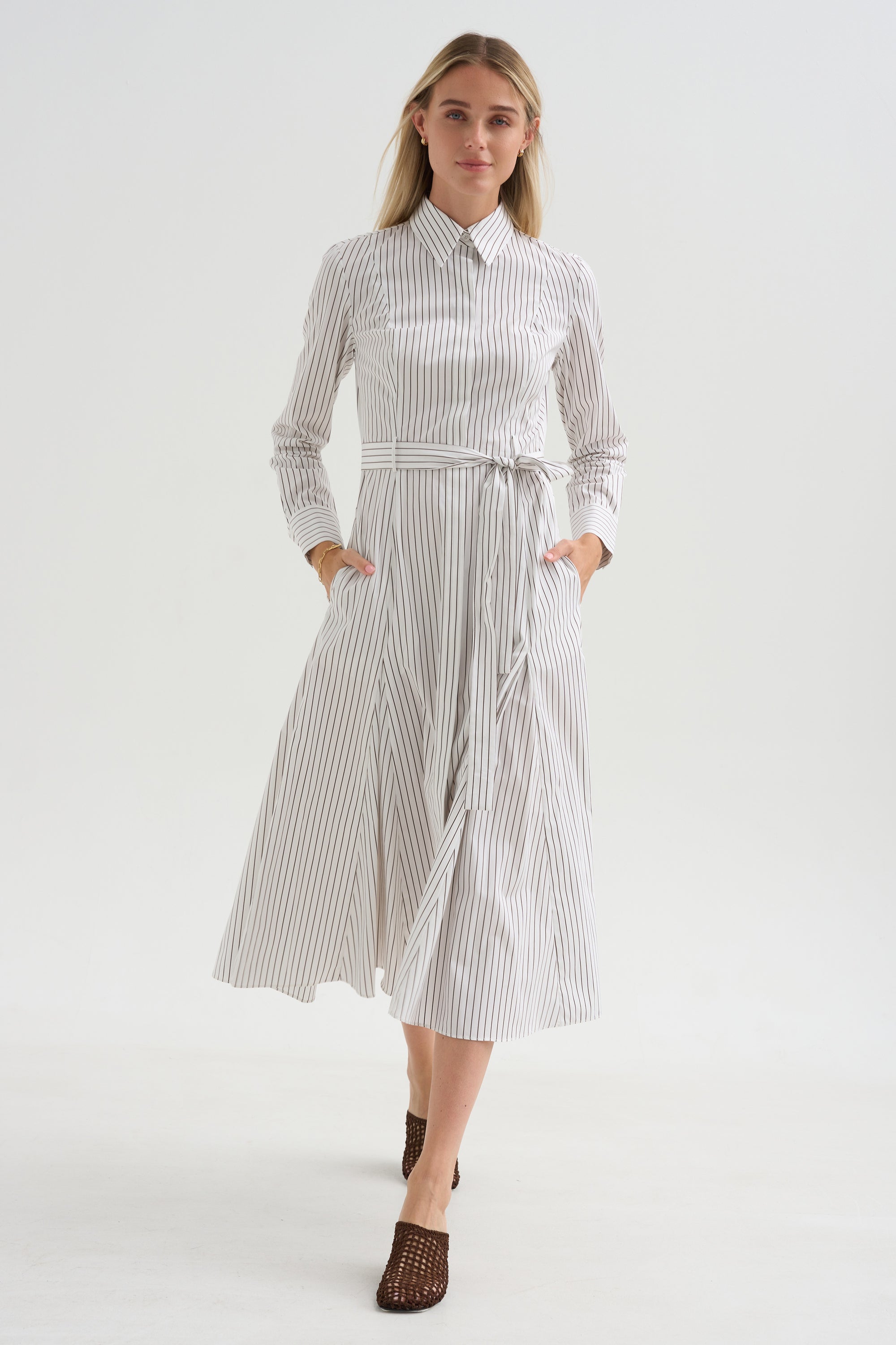Bennet -Striped Midi Dress With Belt, Chocolate Stripe