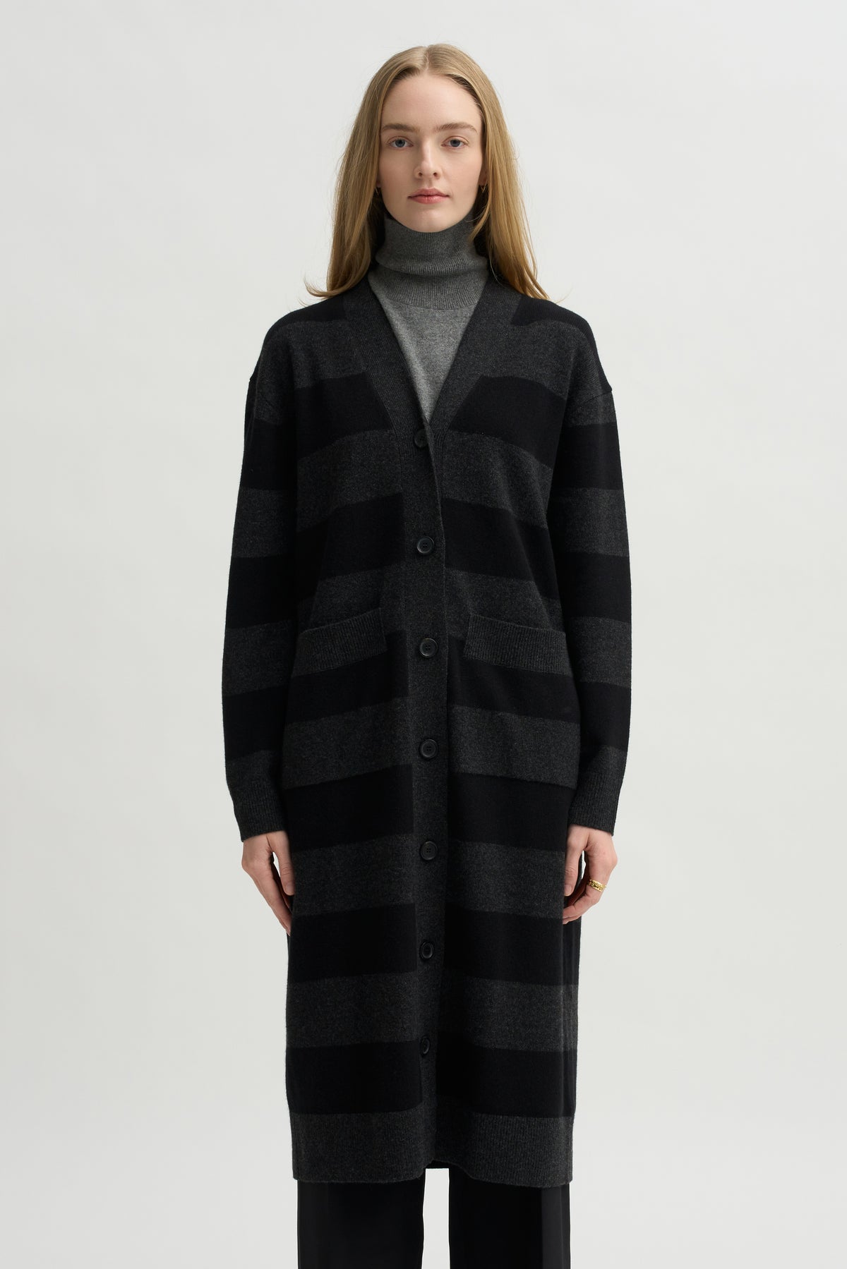 Lorimer Long Cardigan, Charcoal Stripe