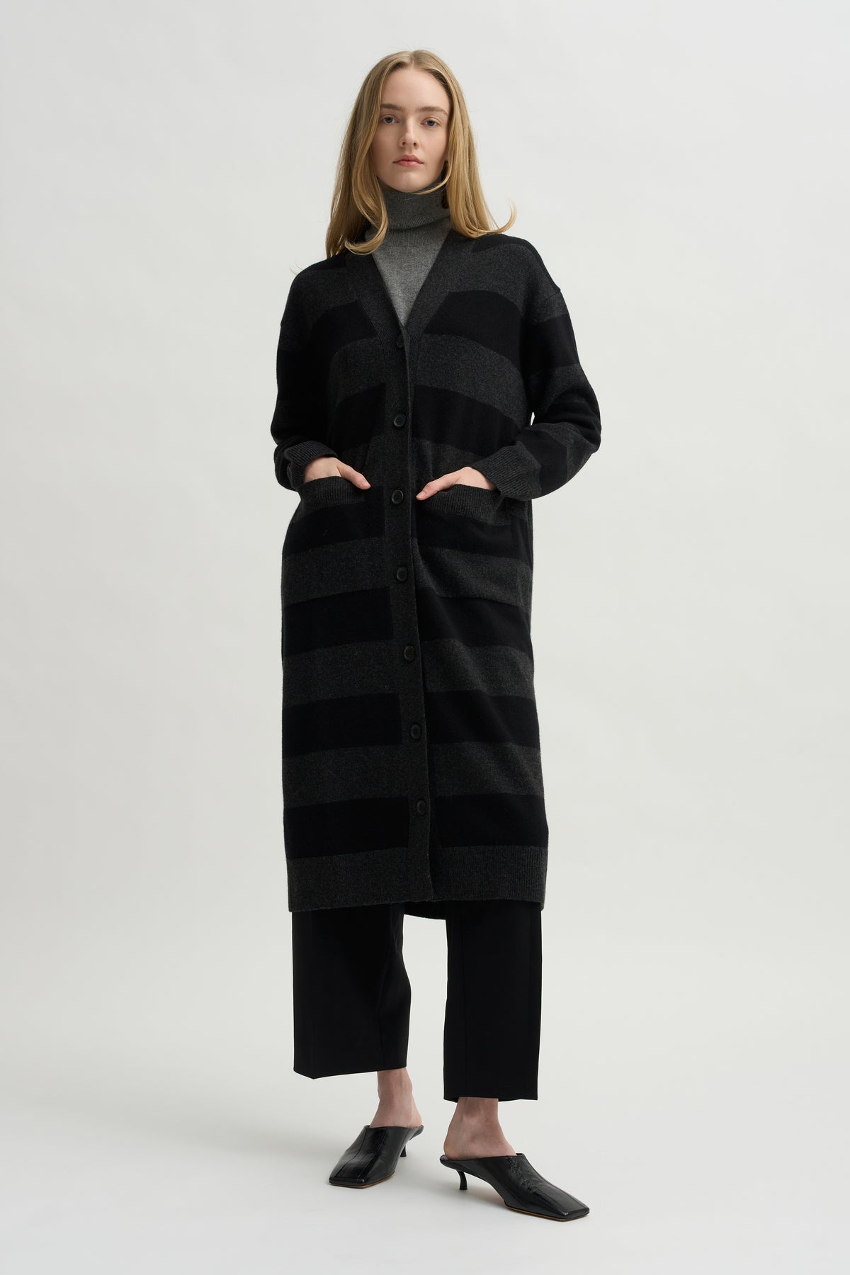 Lorimer Long Cardigan, Charcoal Stripe