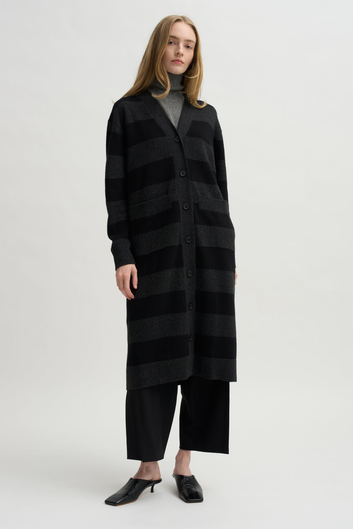 Lorimer Long Cardigan, Charcoal Stripe