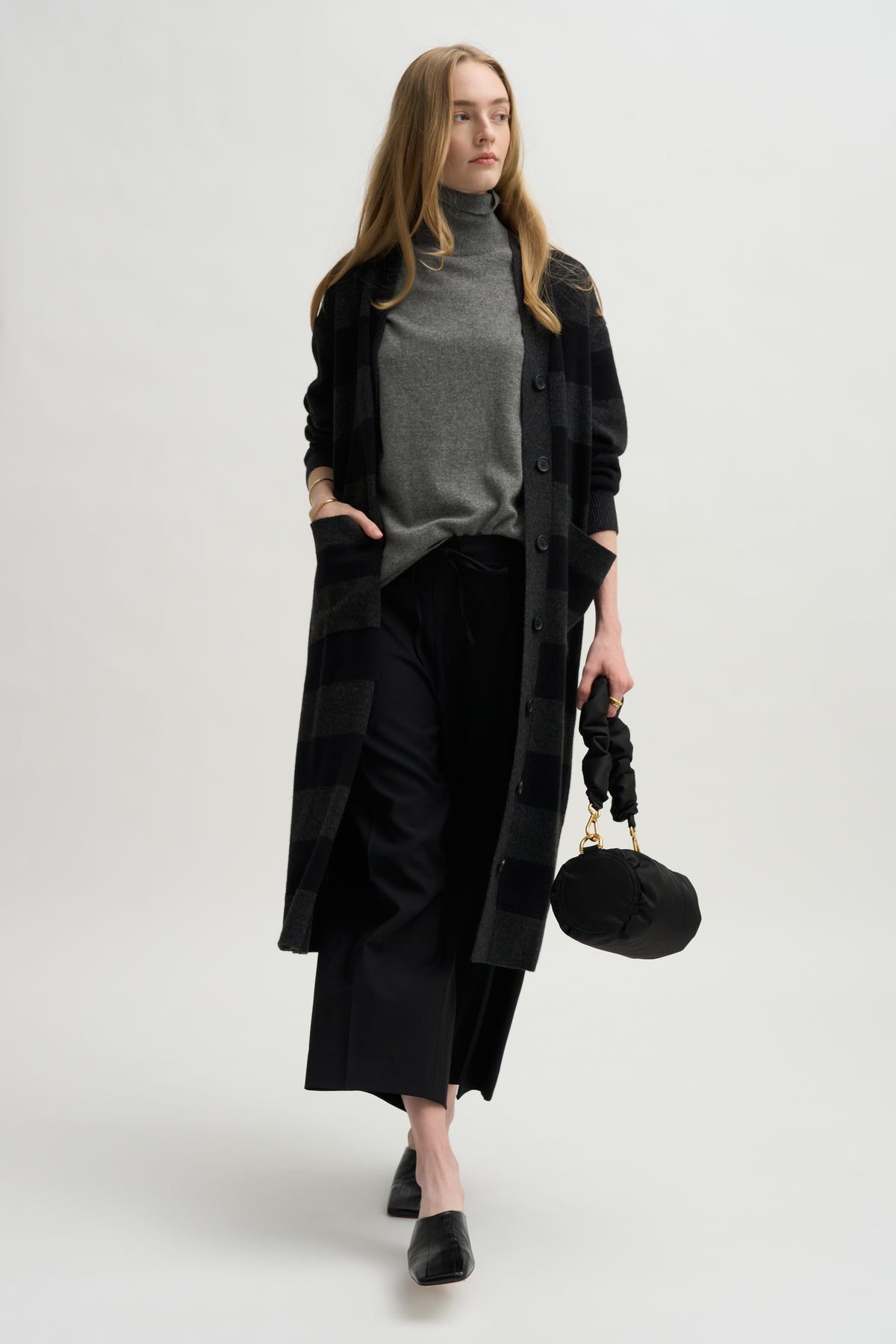 Lorimer Long Cardigan, Charcoal Stripe