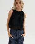 Random Pleats Chiffon Crop Tank, Black
