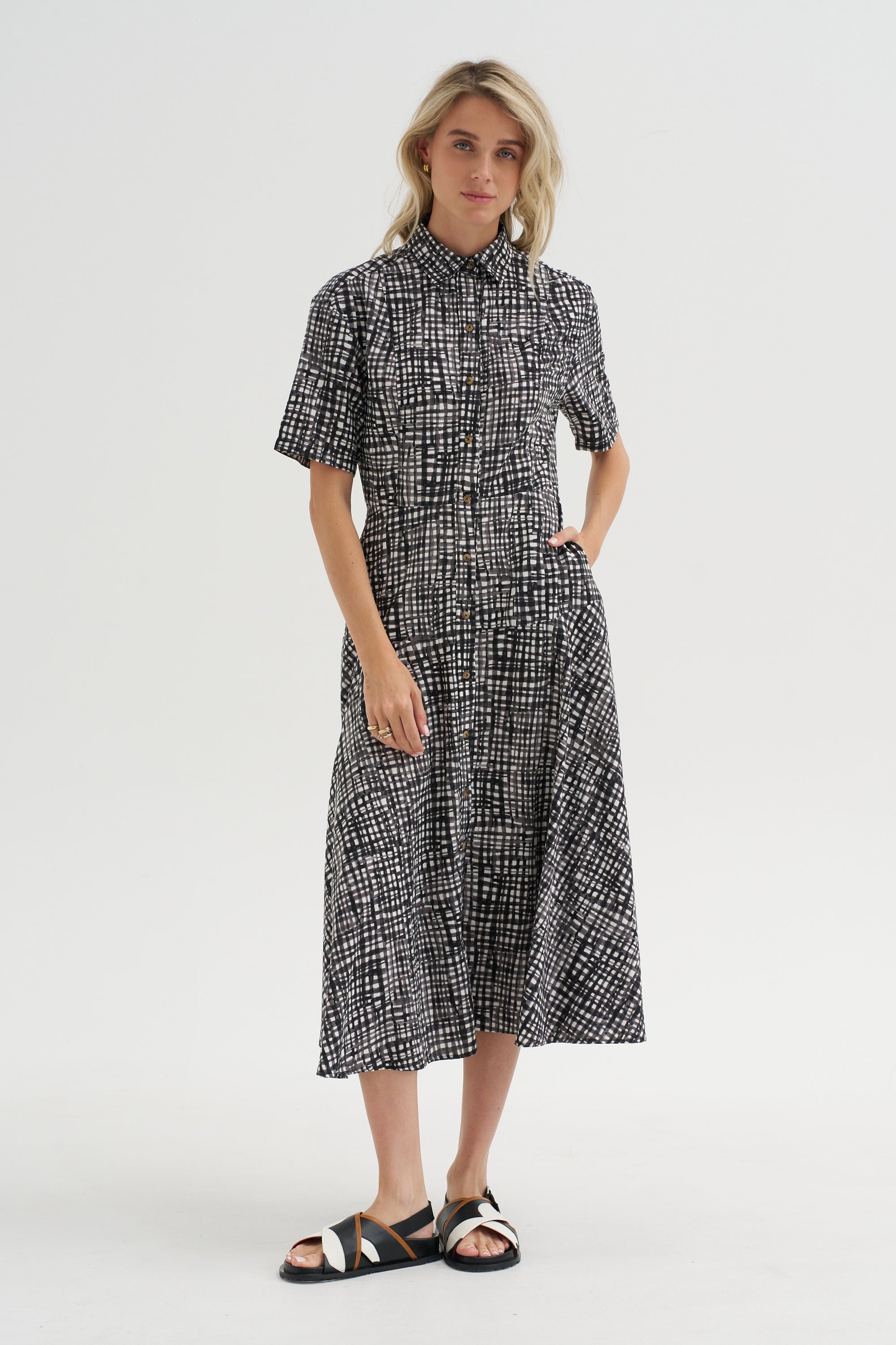 Paneled Shirt Dress, White & Black