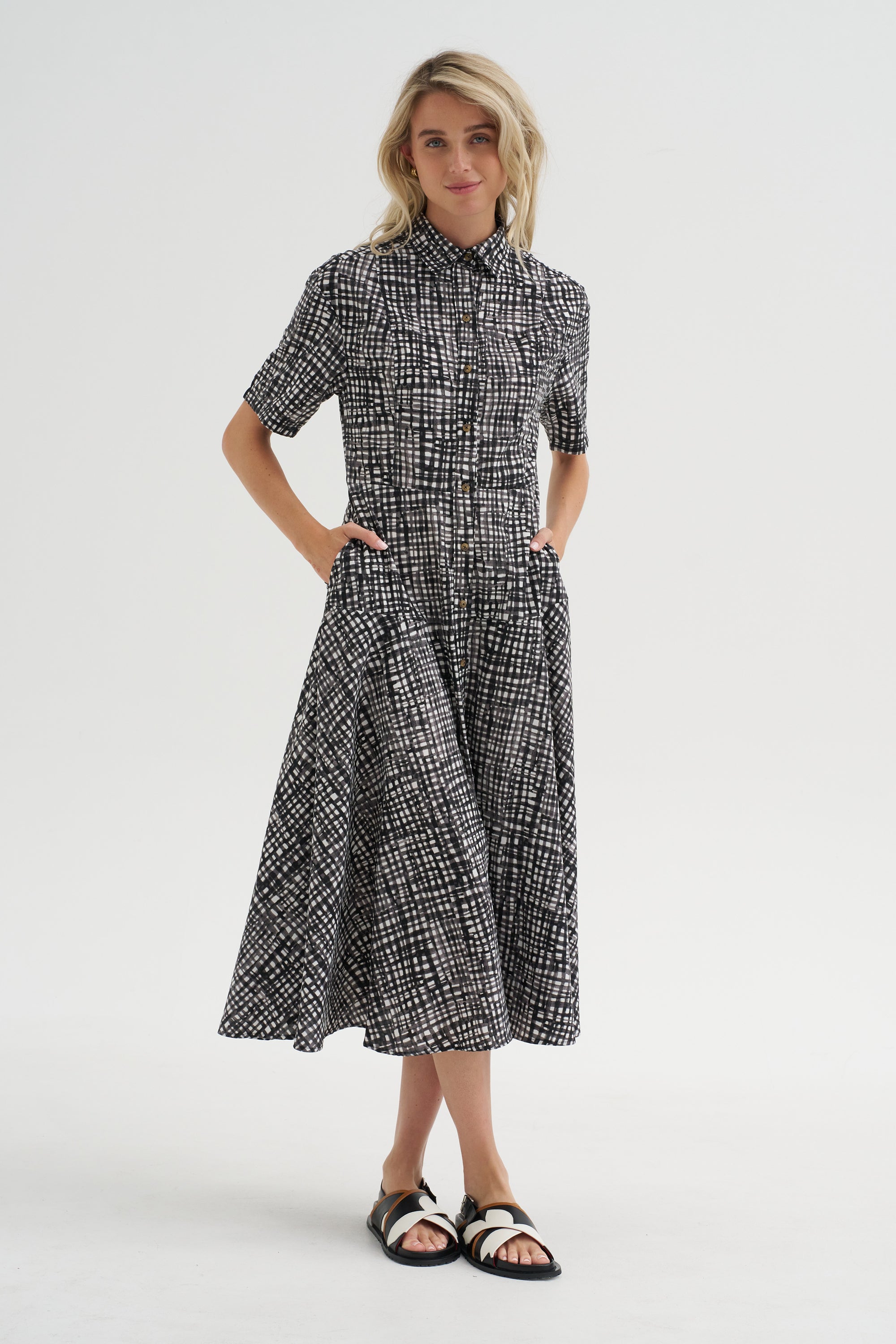 Paneled Shirt Dress, White &amp; Black