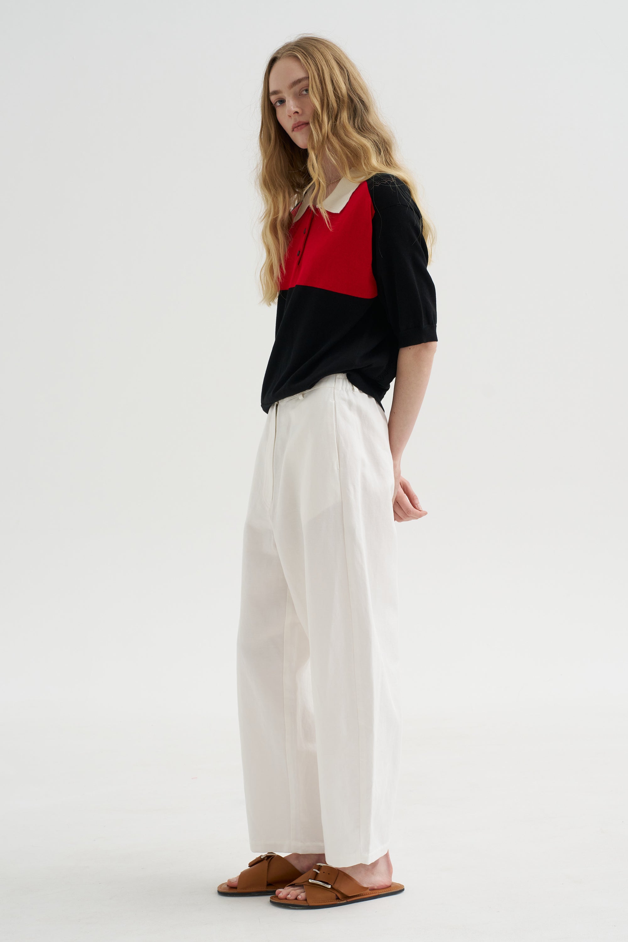 Cotton &amp; Linen Curved Pants, White