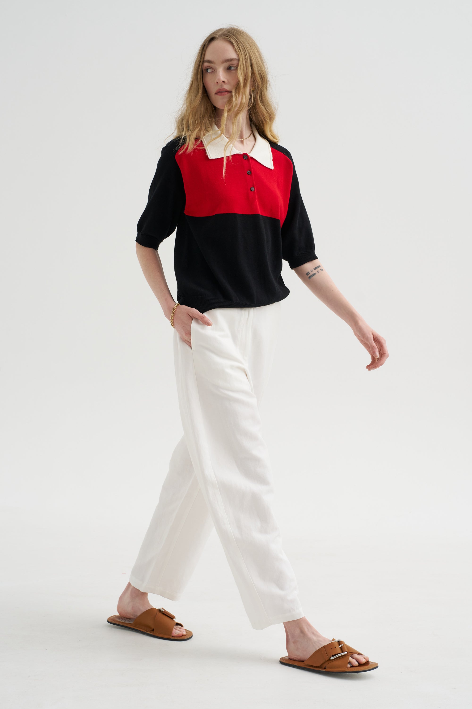 Cotton &amp; Linen Curved Pants, White