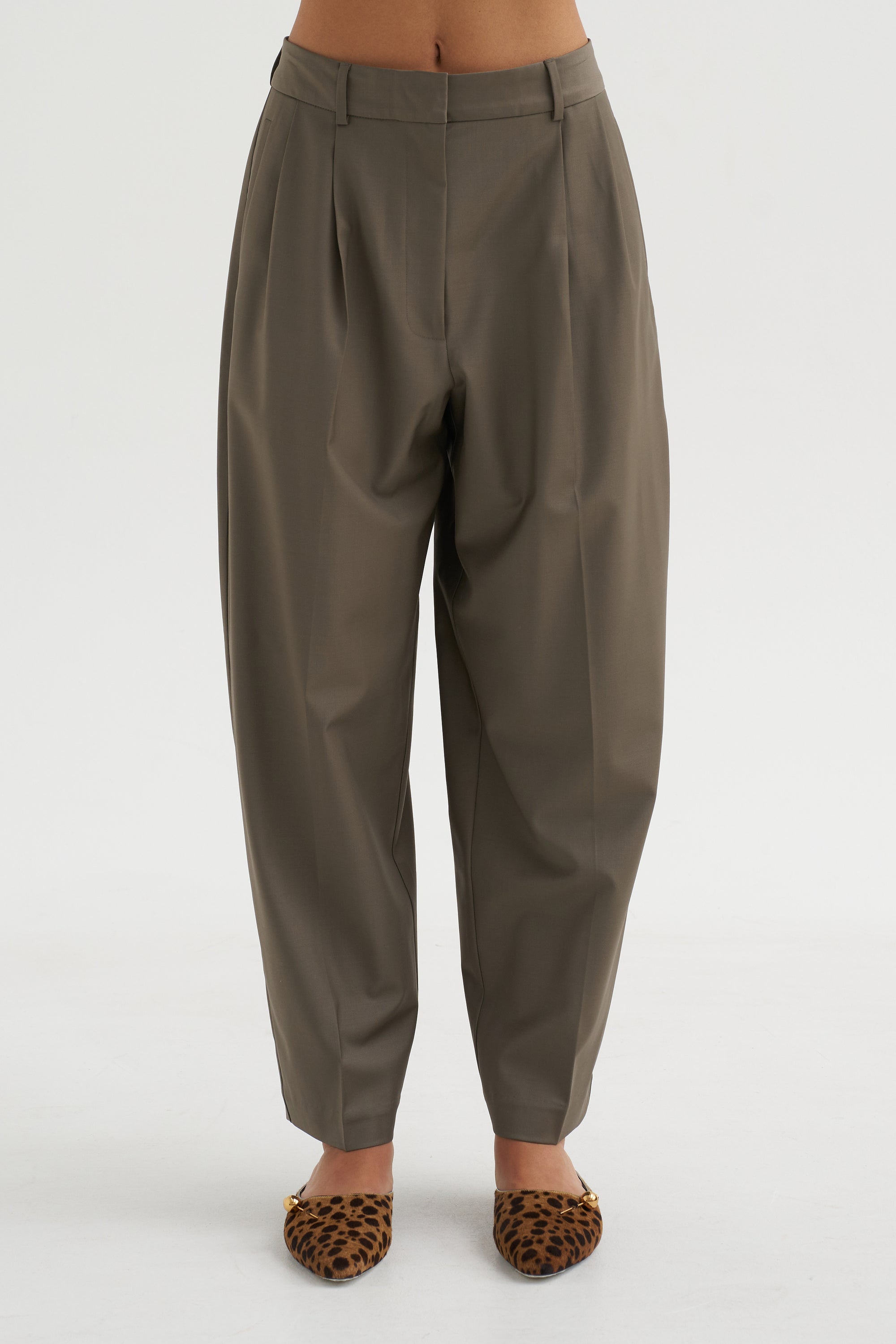 Virgin Wool Masculine Barrel Pants, Taupe