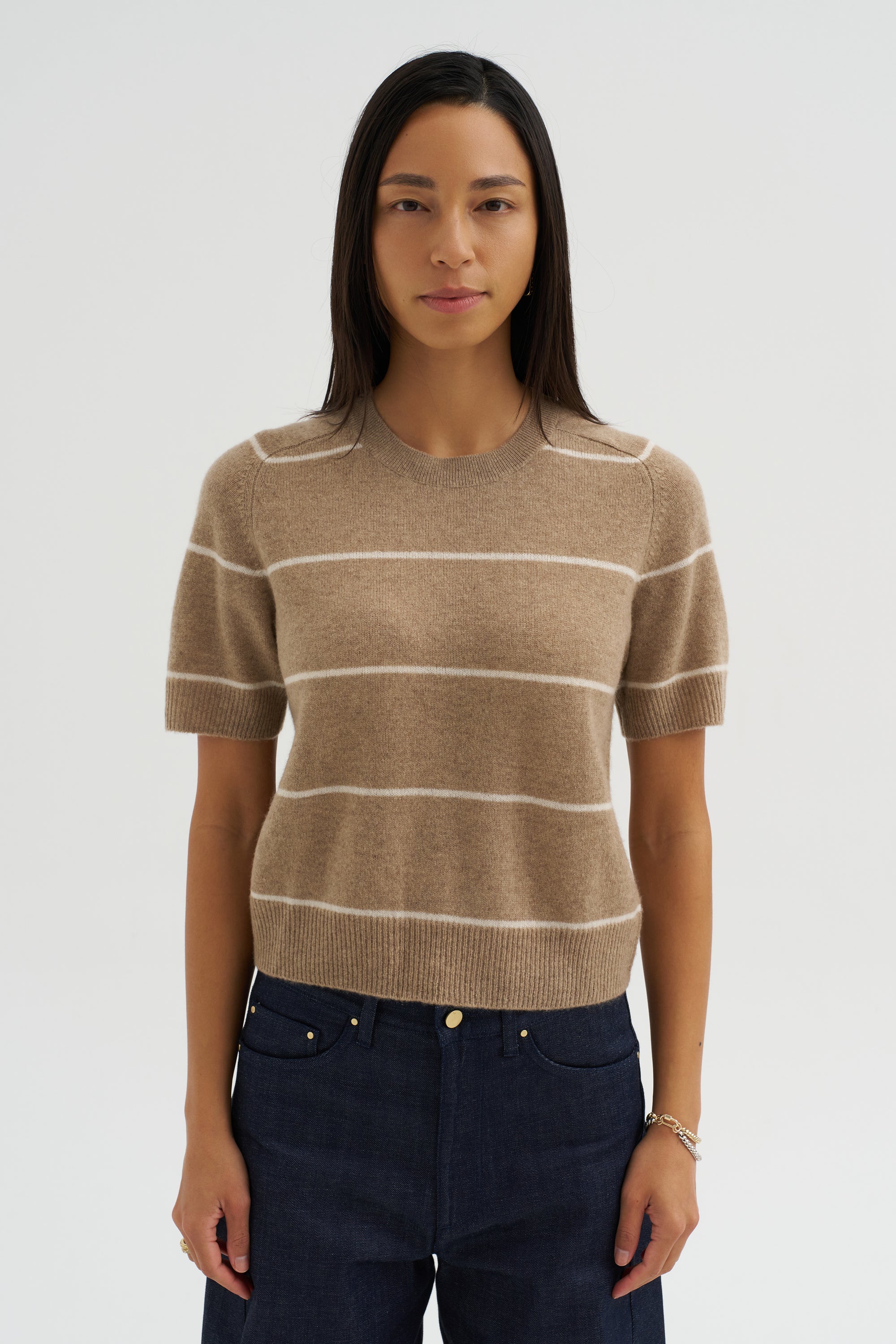 Krysta Stripe Cashmere Top, Fawn &amp; Ivory