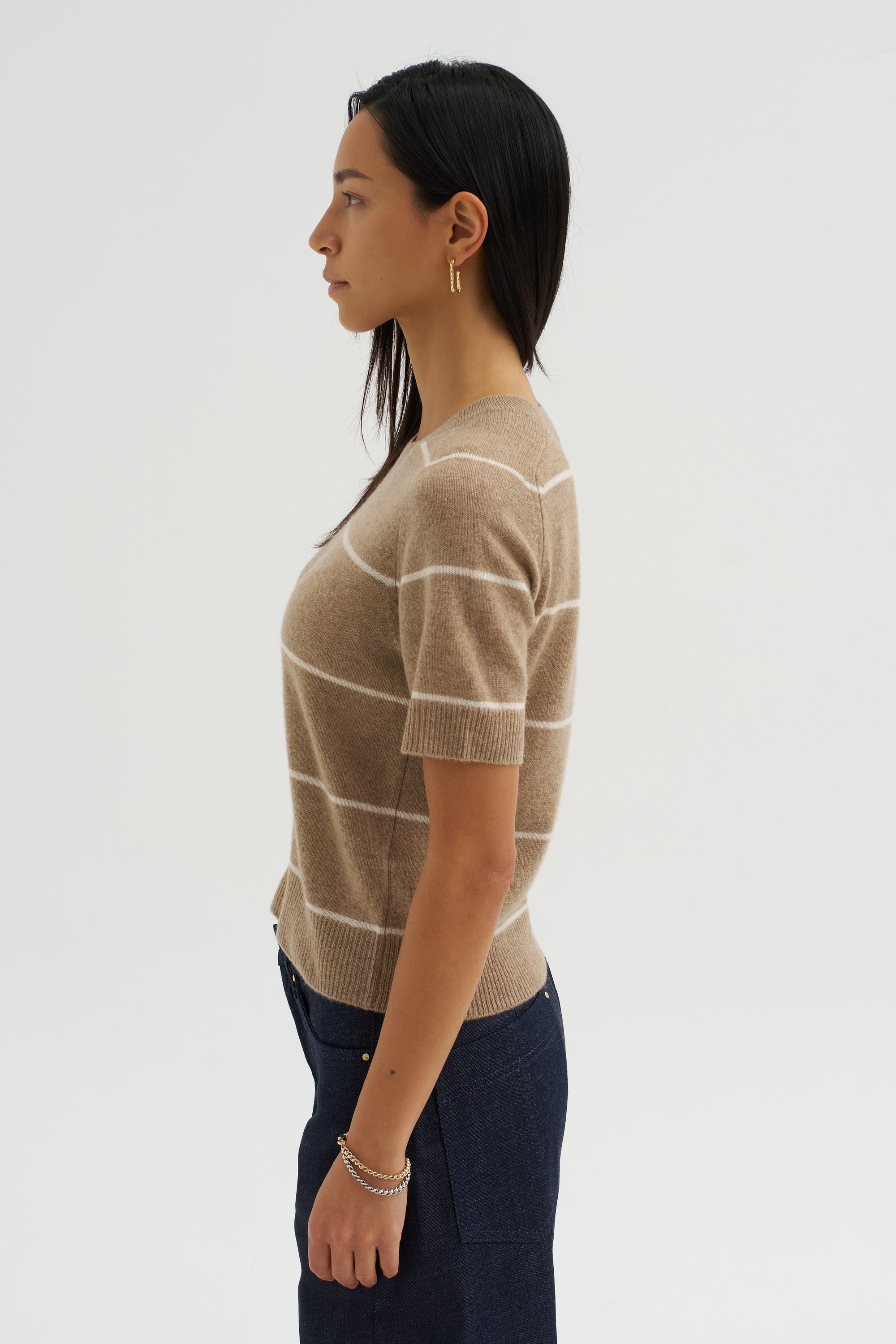 Krysta Stripe Cashmere Top, Fawn &amp; Ivory