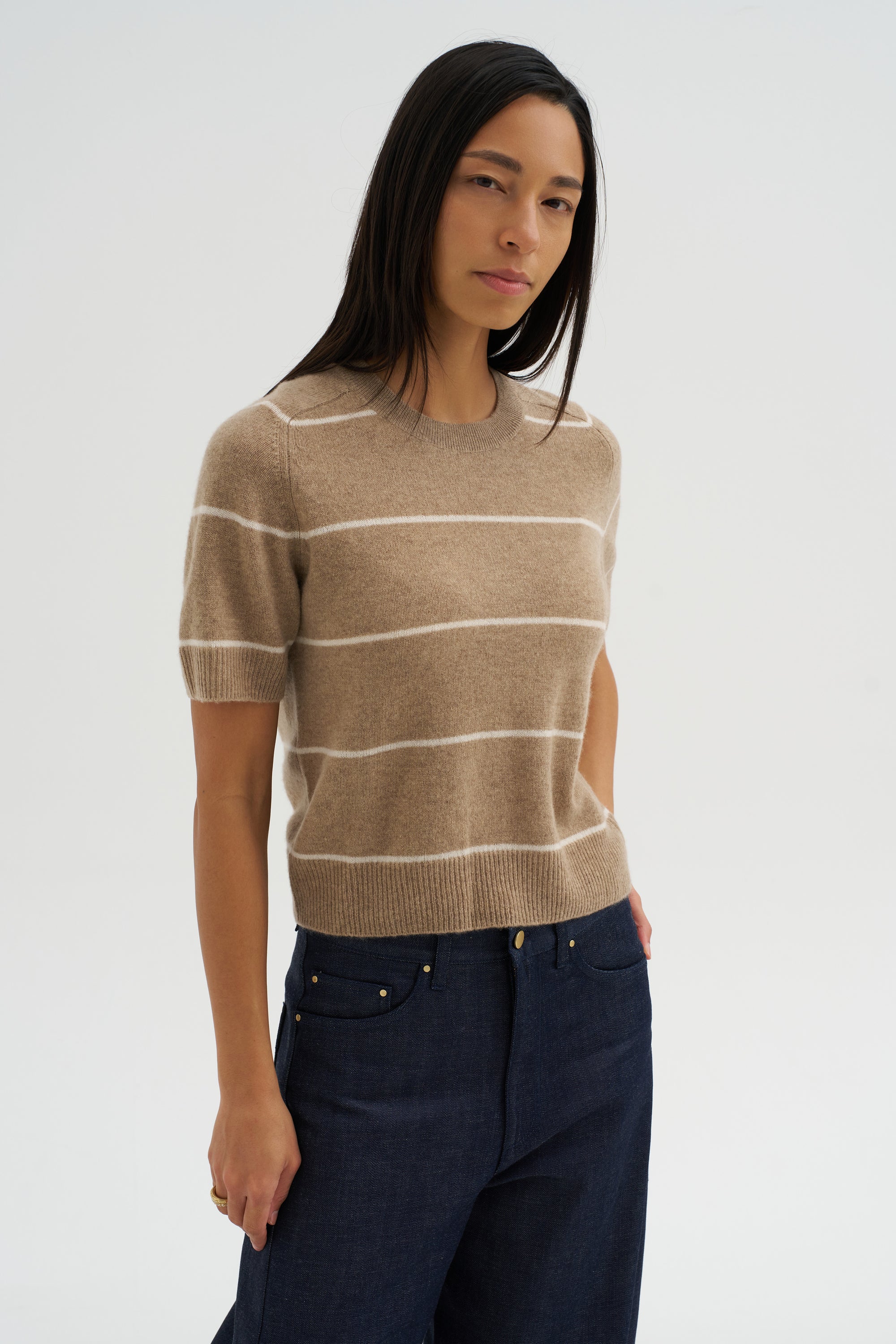 Krysta Stripe Cashmere Top, Fawn &amp; Ivory