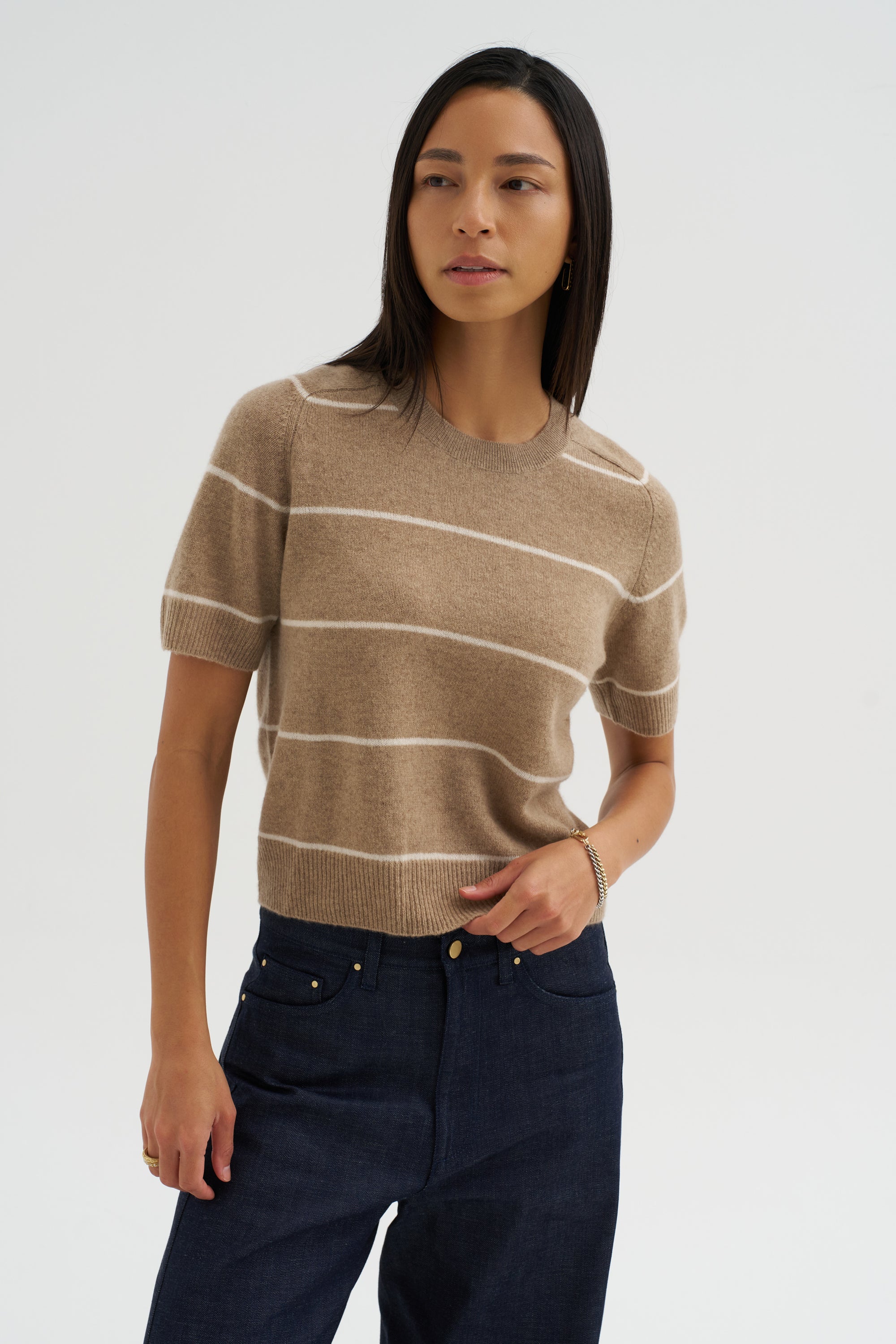 Krysta Stripe Cashmere Top, Fawn &amp; Ivory