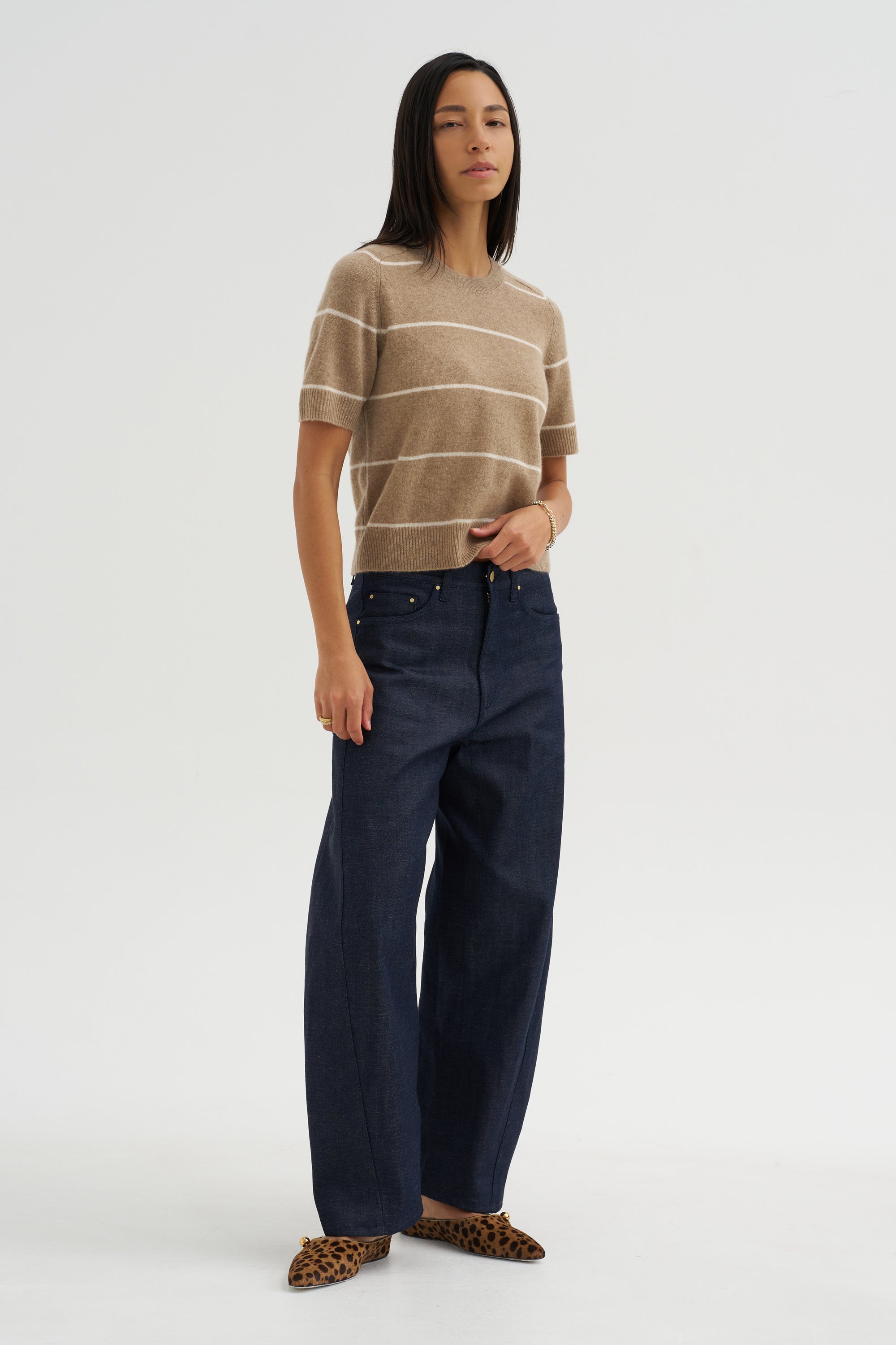 Krysta Stripe Cashmere Top, Fawn &amp; Ivory