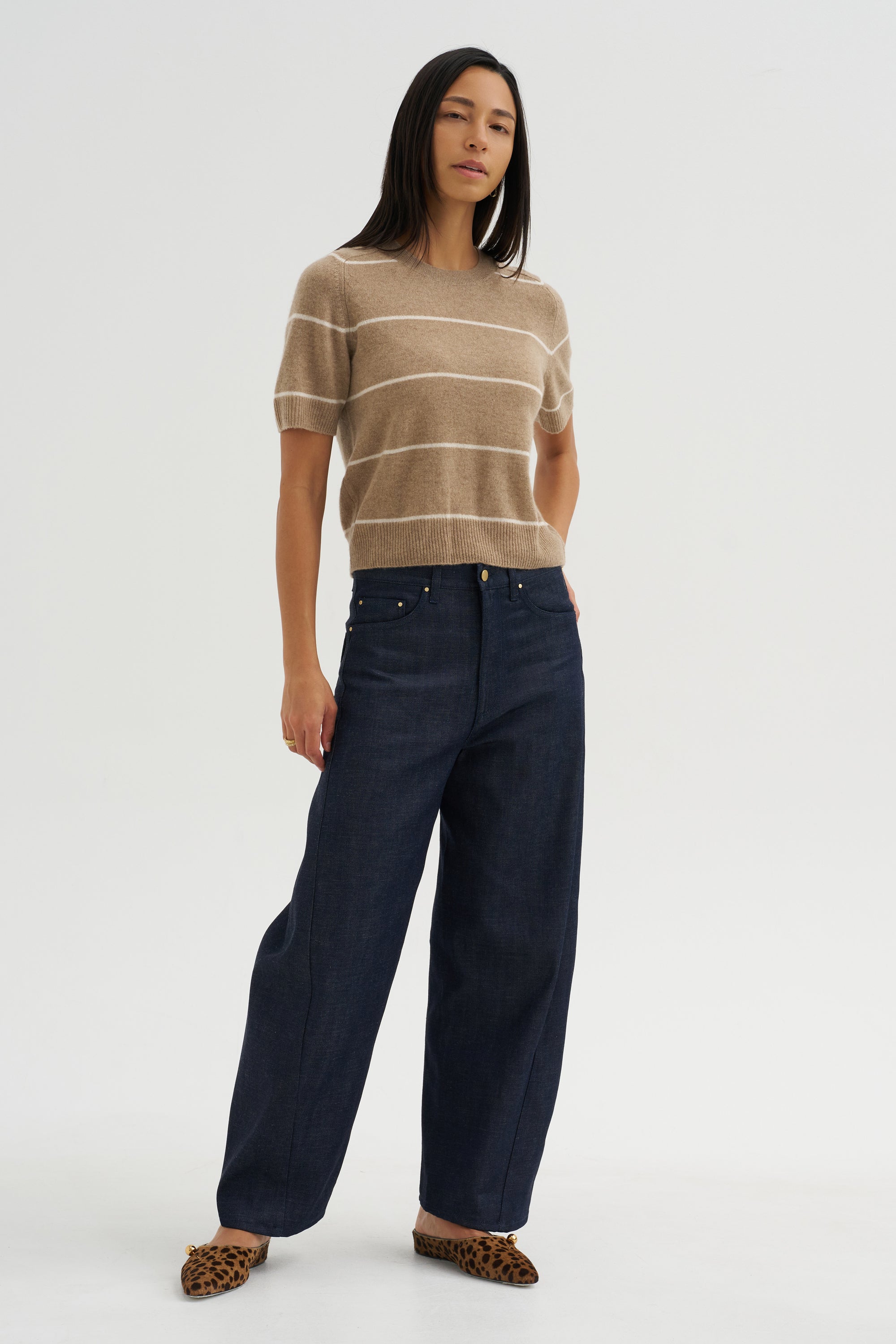 Krysta Stripe Cashmere Top, Fawn &amp; Ivory