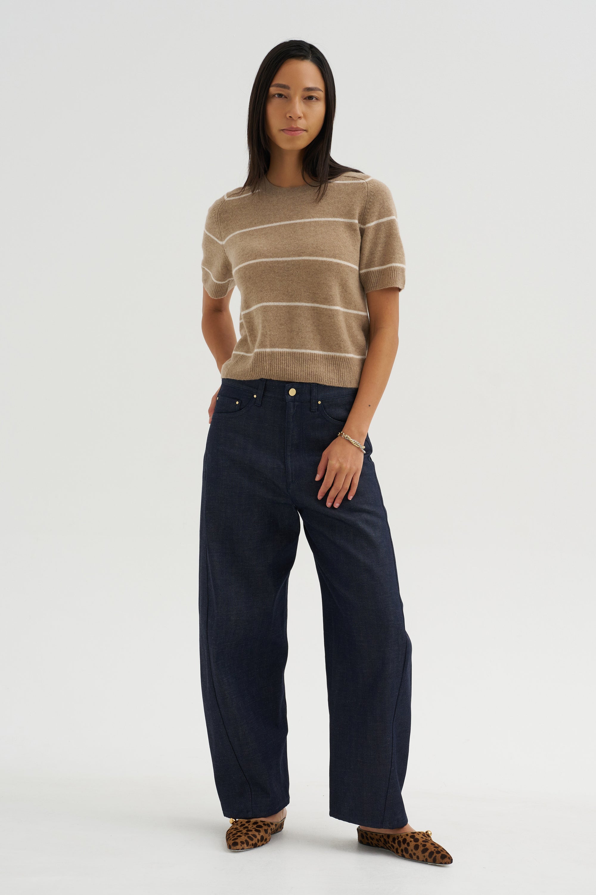 Krysta Stripe Cashmere Top, Fawn &amp; Ivory