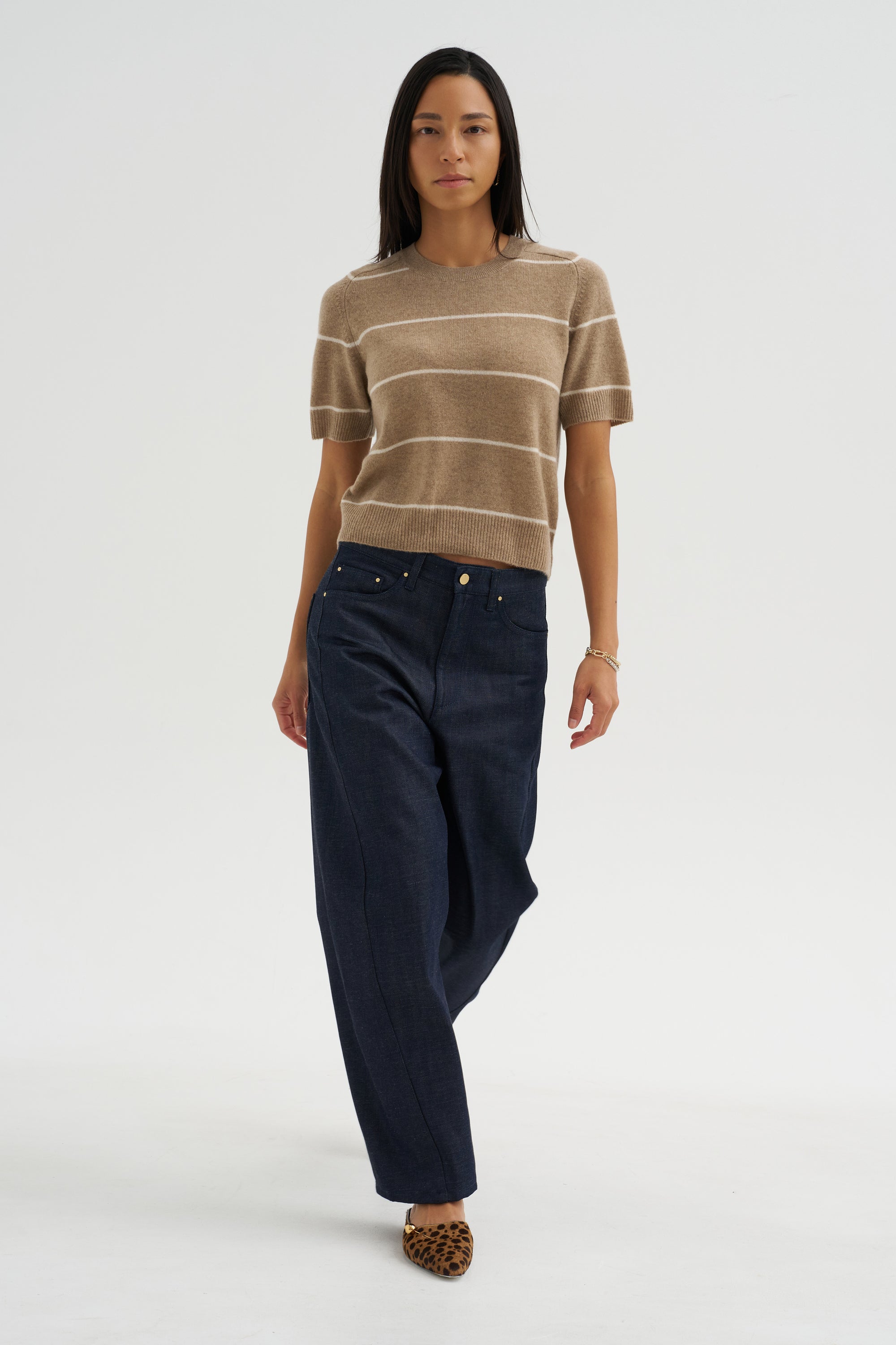 Krysta Stripe Cashmere Top, Fawn &amp; Ivory