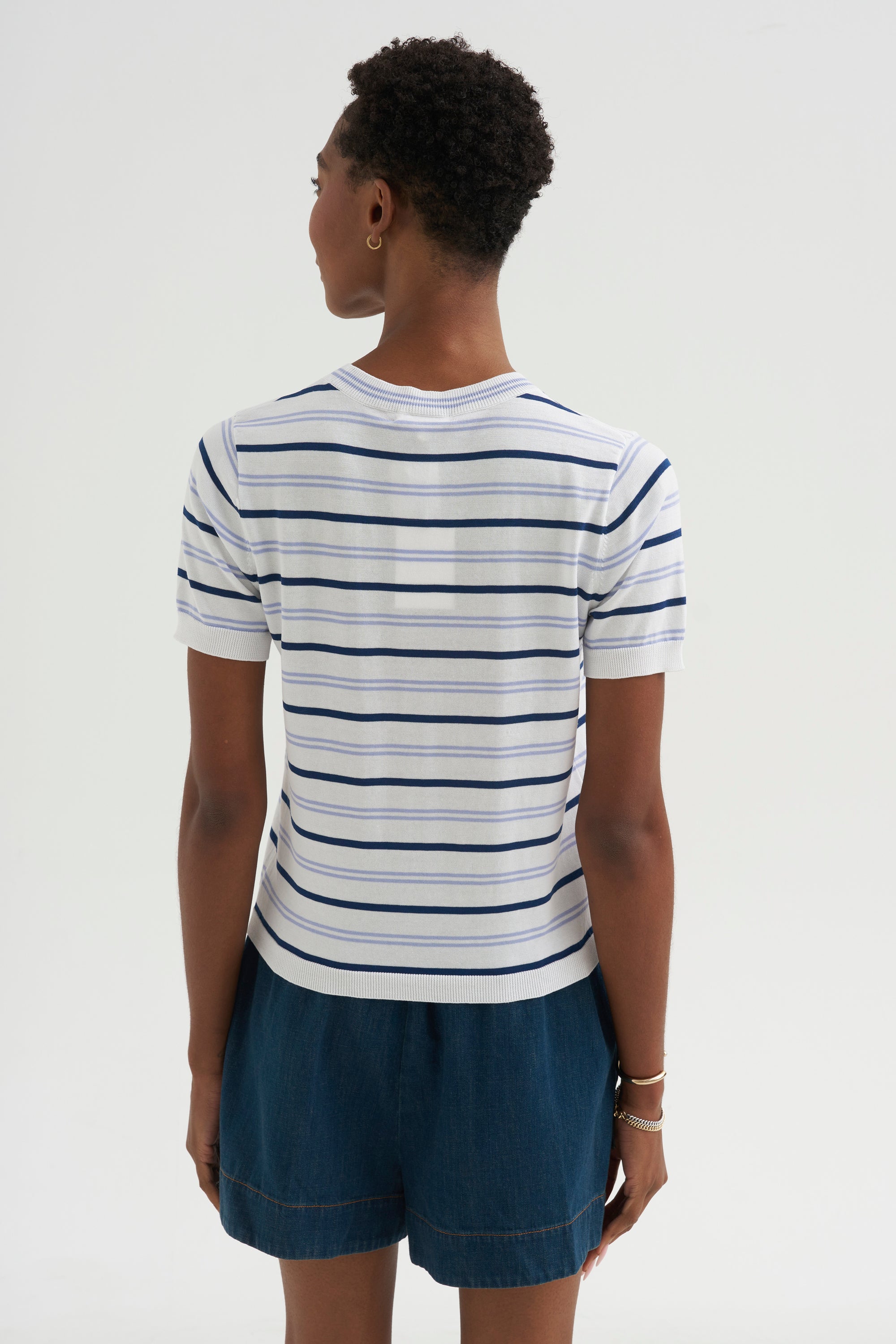 Maxine Stripe Cotton Top, White / Periwinkle / Baltic Blue