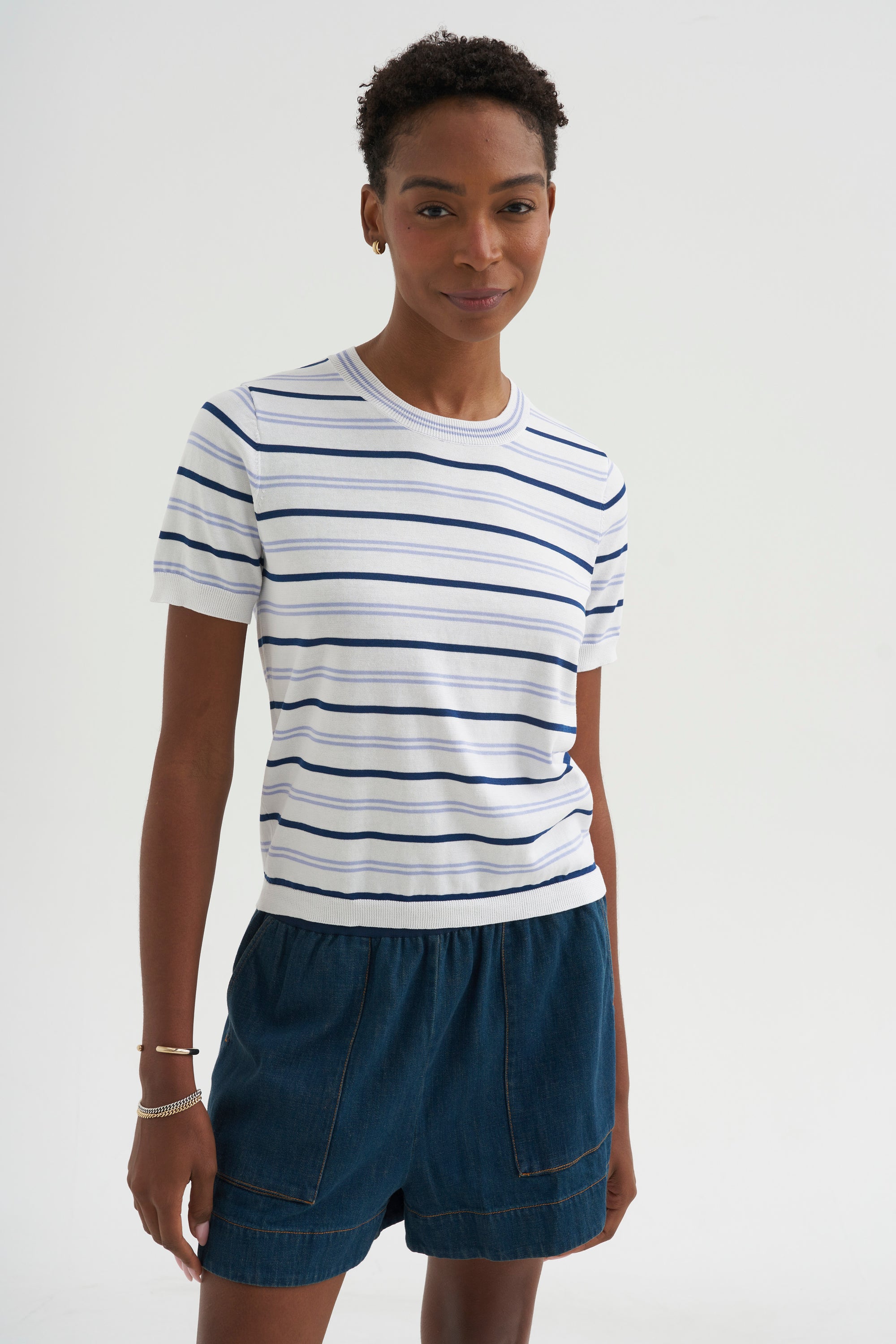 Maxine Stripe Cotton Top, White / Periwinkle / Baltic Blue