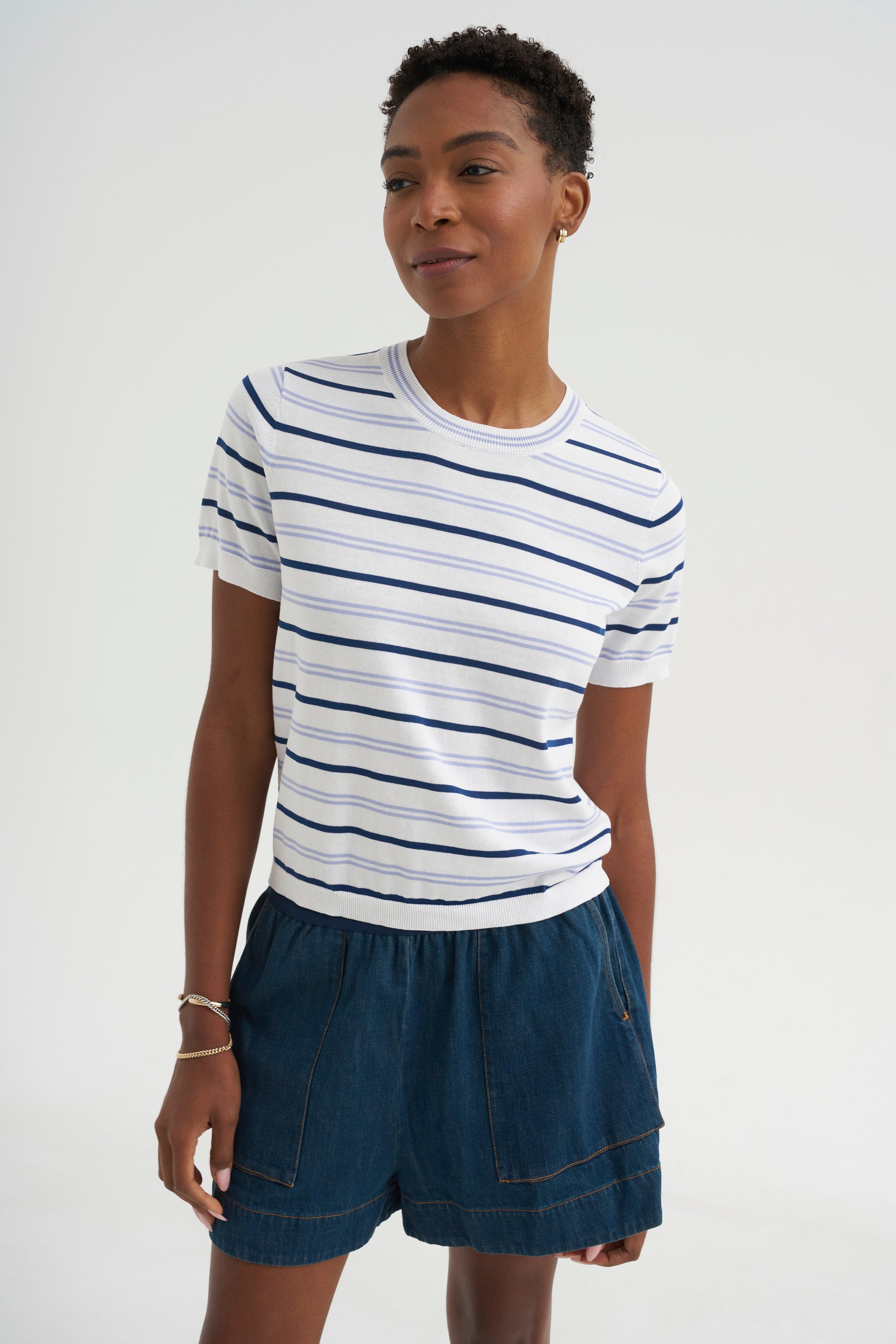 Maxine Stripe Cotton Top, White / Periwinkle / Baltic Blue
