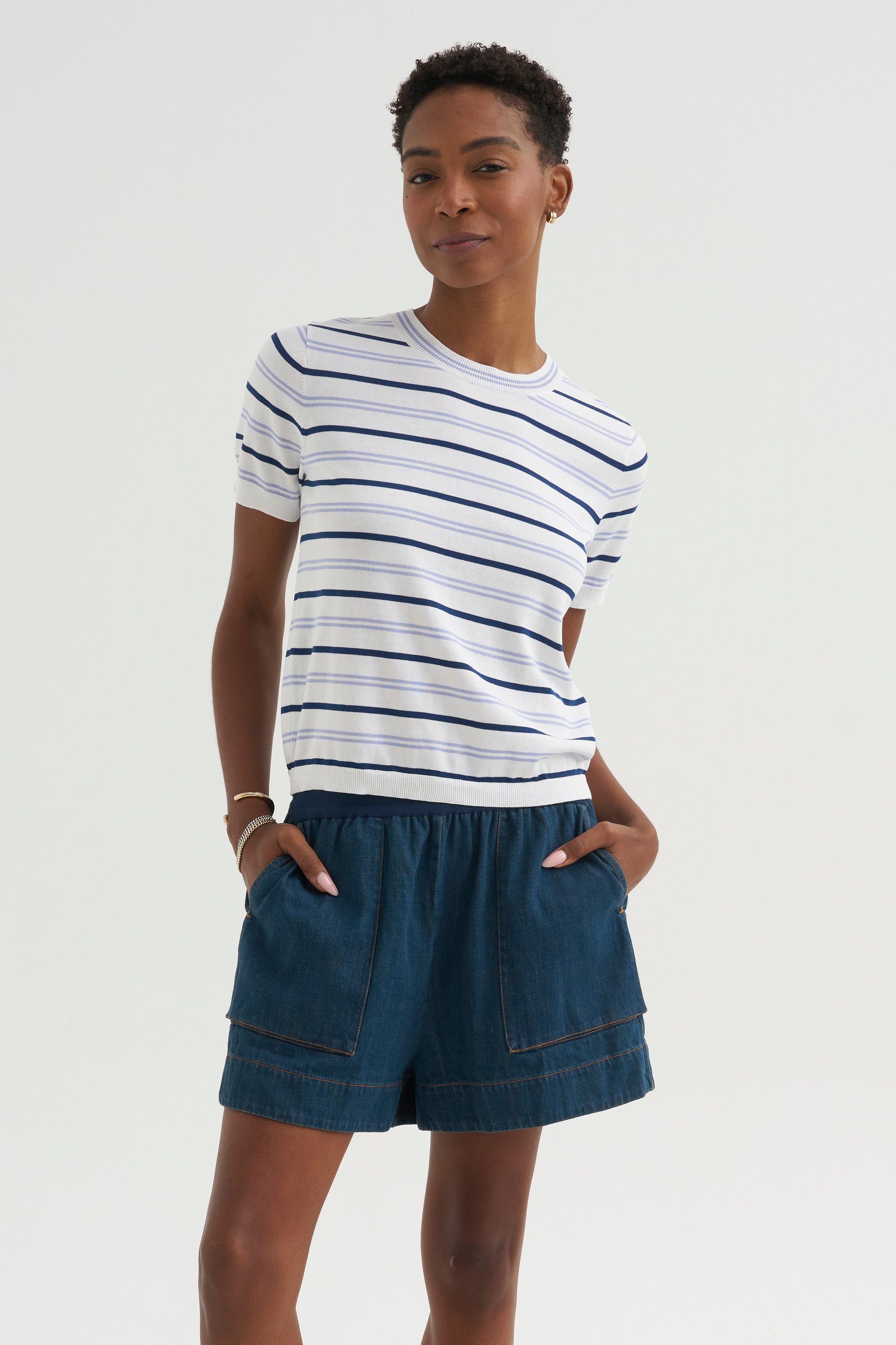 Maxine Stripe Cotton Top, White / Periwinkle / Baltic Blue