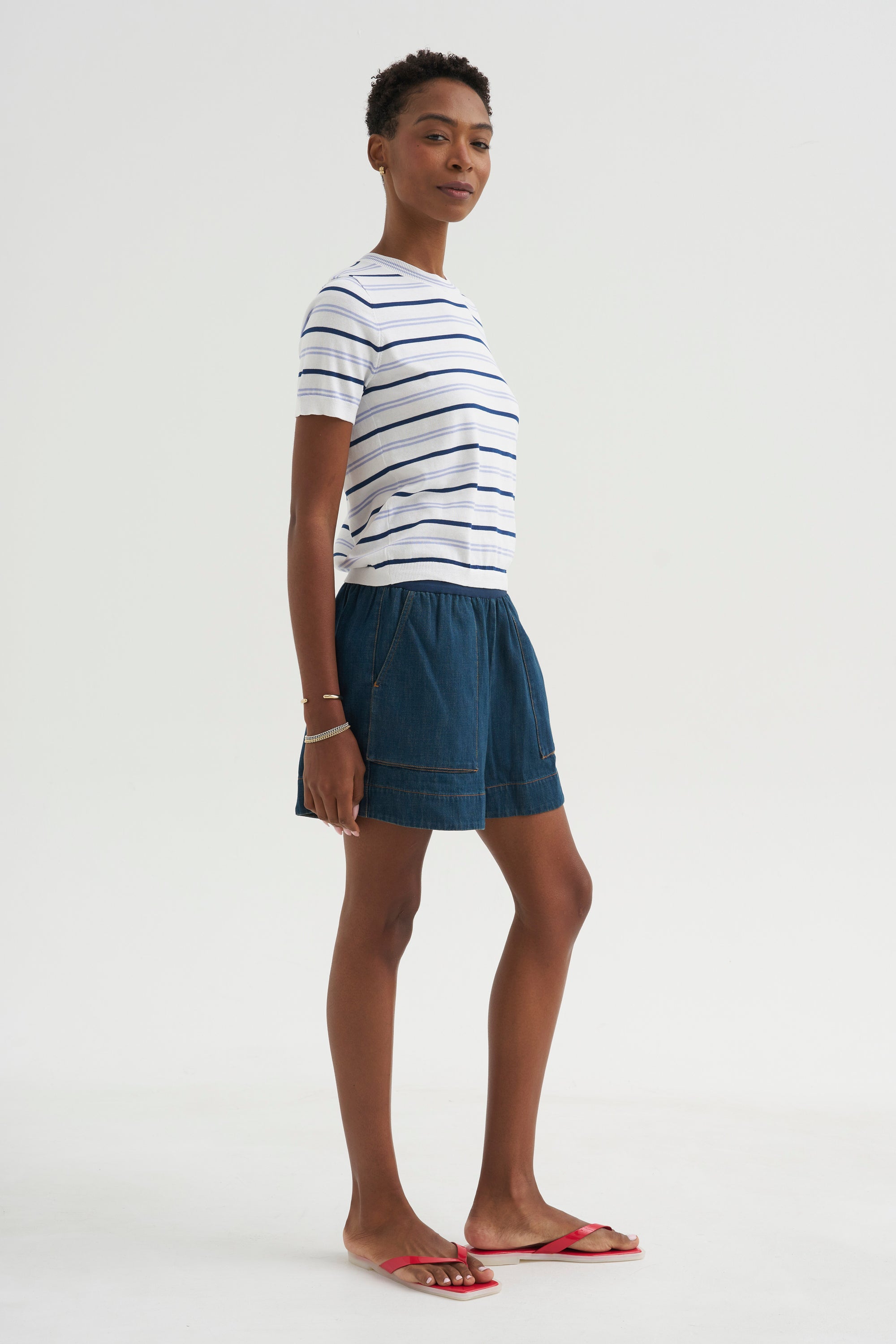 Maxine Stripe Cotton Top, White / Periwinkle / Baltic Blue