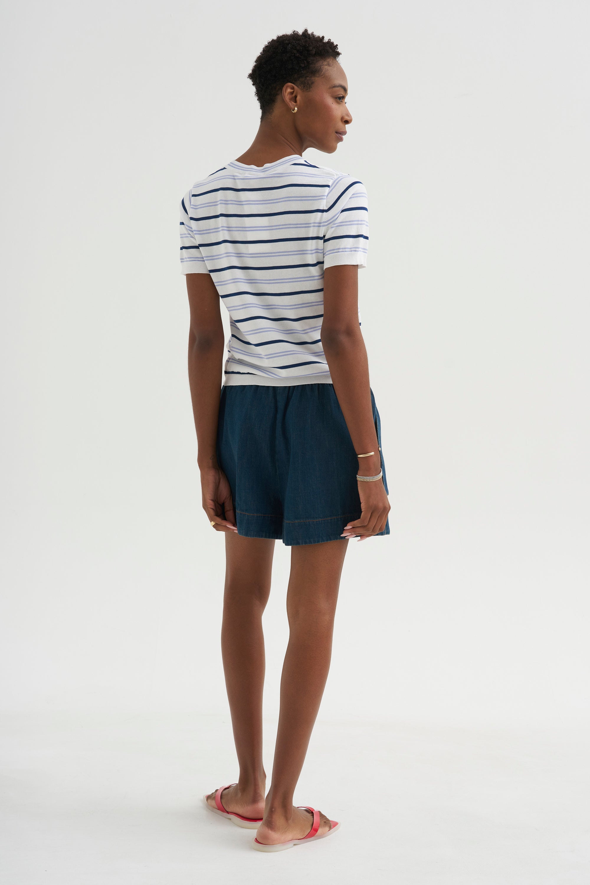 Maxine Stripe Cotton Top, White / Periwinkle / Baltic Blue