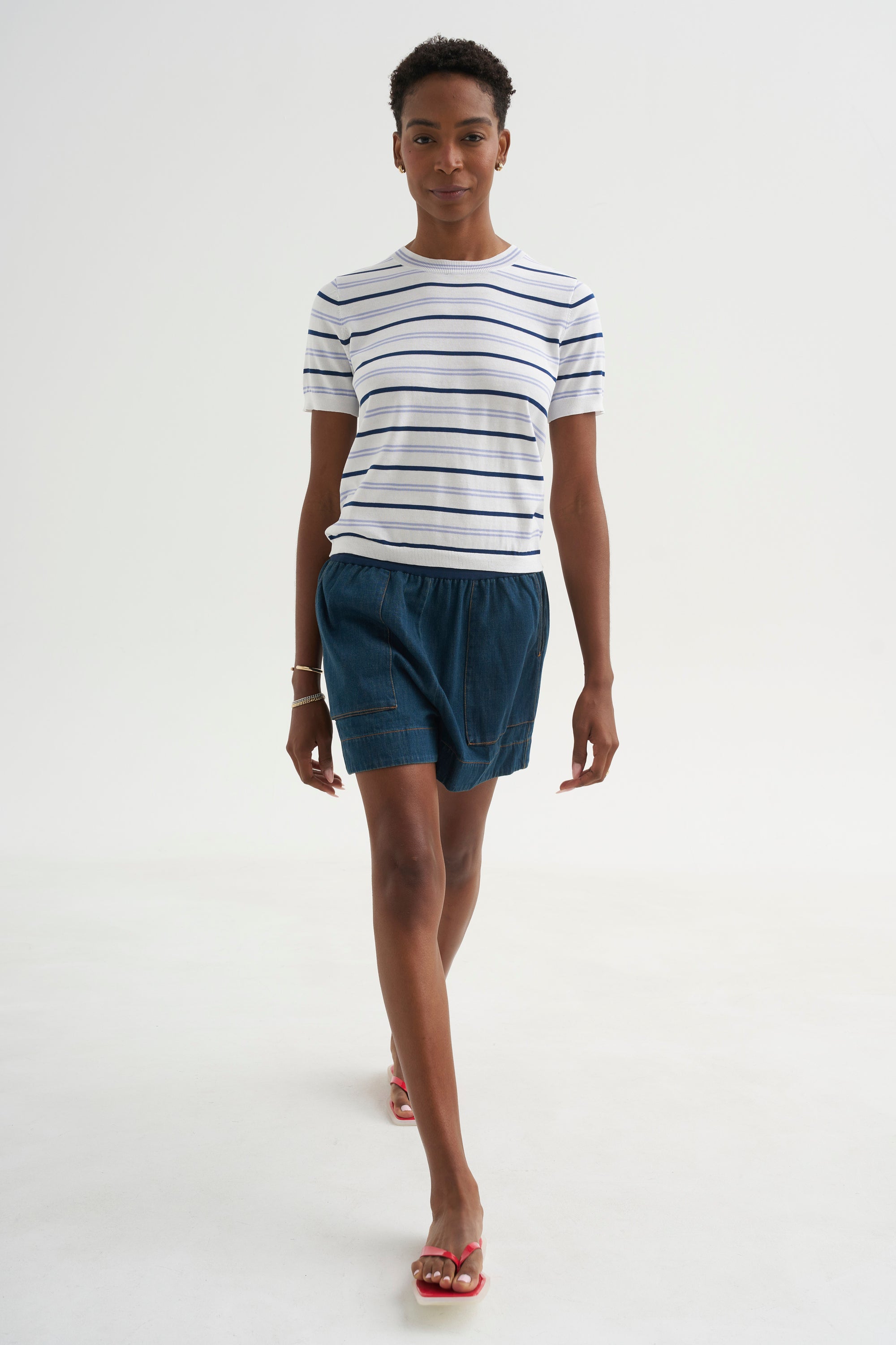 Maxine Stripe Cotton Top, White / Periwinkle / Baltic Blue