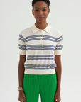 Norah Stripe Cotton Polo Top, Off White & Baltic Blue