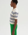 Norah Stripe Cotton Polo Top, Off White & Baltic Blue